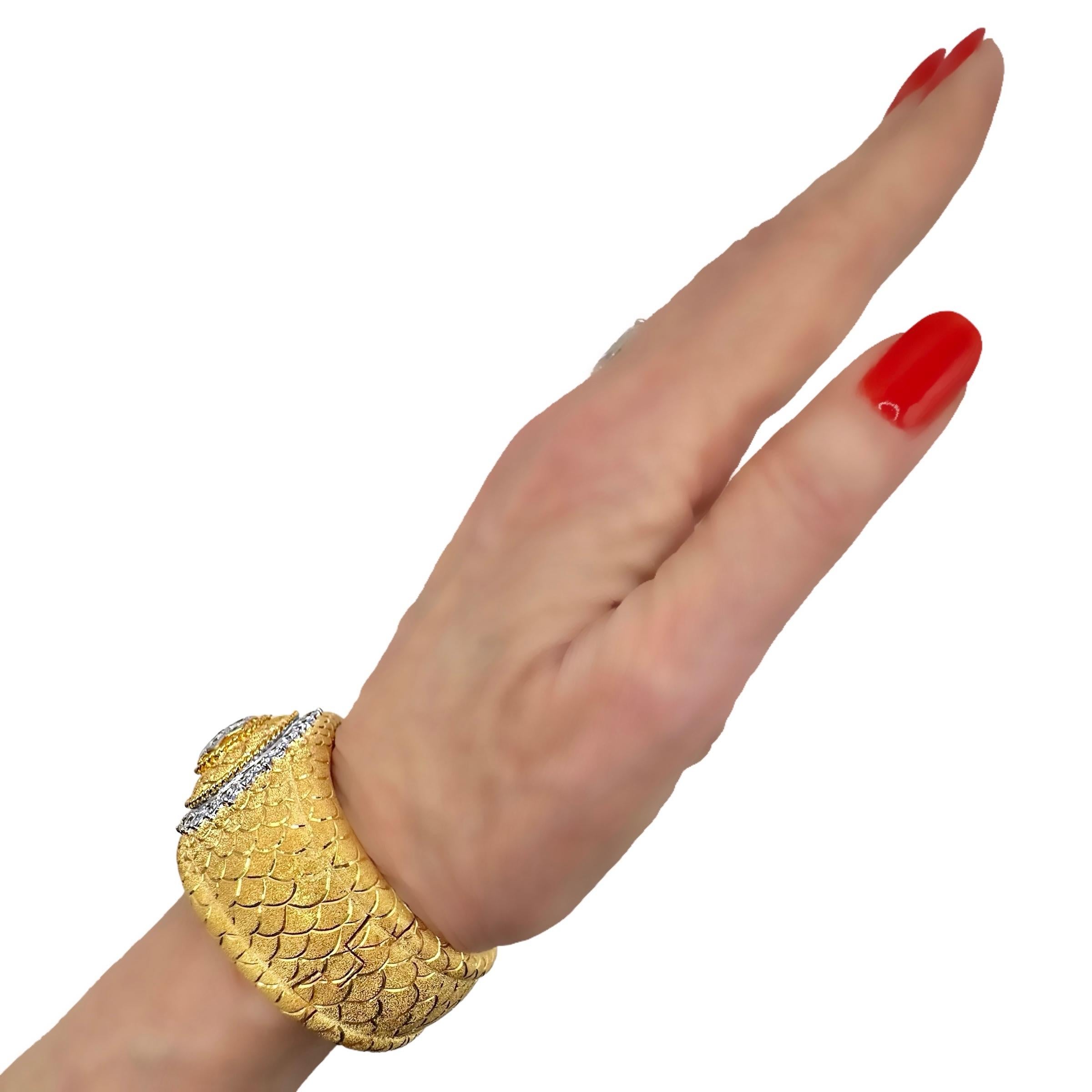 Regal Design, Diamond & Florentine Finish 18K Gold Cuff Bracelet 1.25 Inch Wide For Sale 9