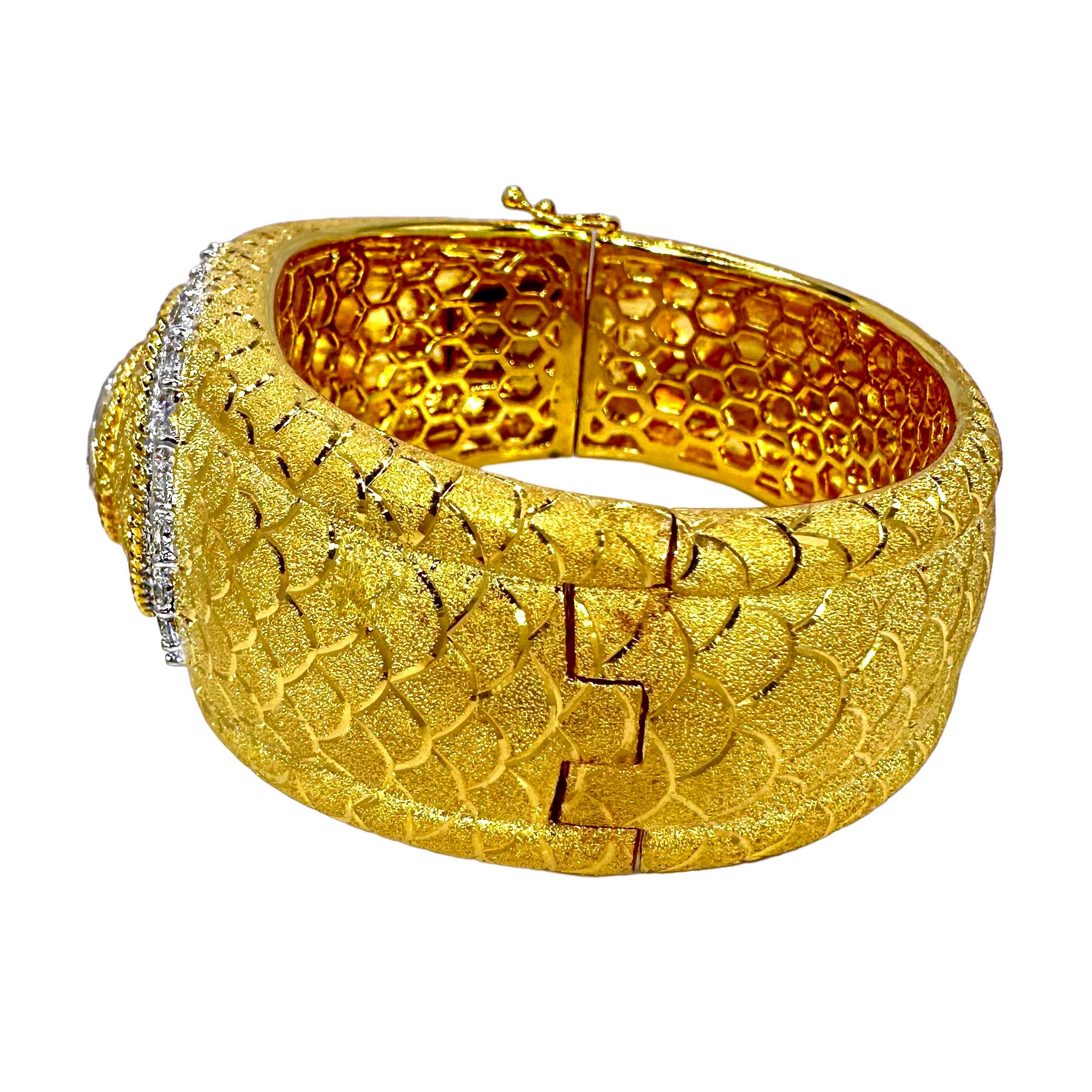 Women's Regal Design, Diamond & Florentine Finish 18K Gold Cuff Bracelet 1.25 Inch Wide For Sale