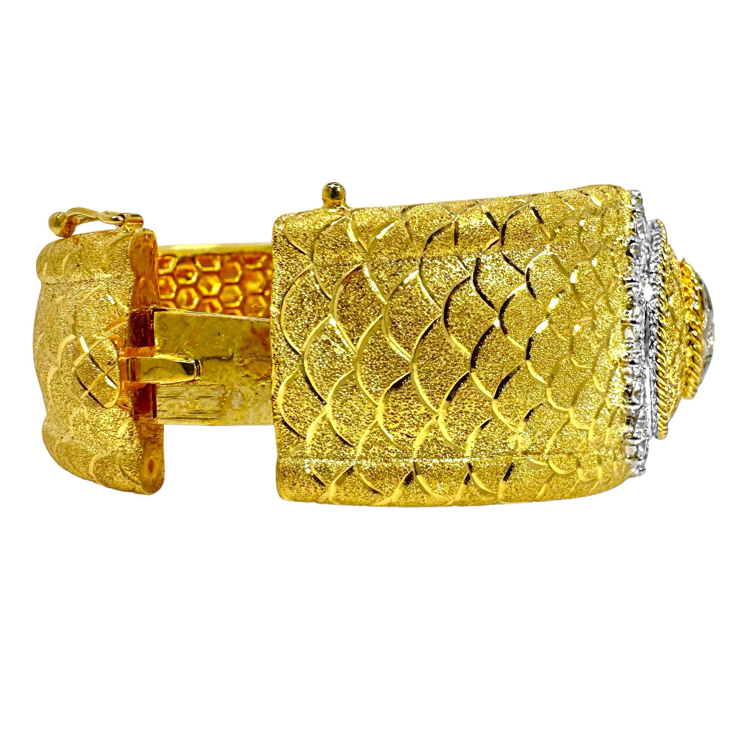 Regal Design, Diamond & Florentine Finish 18K Gold Cuff Bracelet 1.25 Inch Wide For Sale 1
