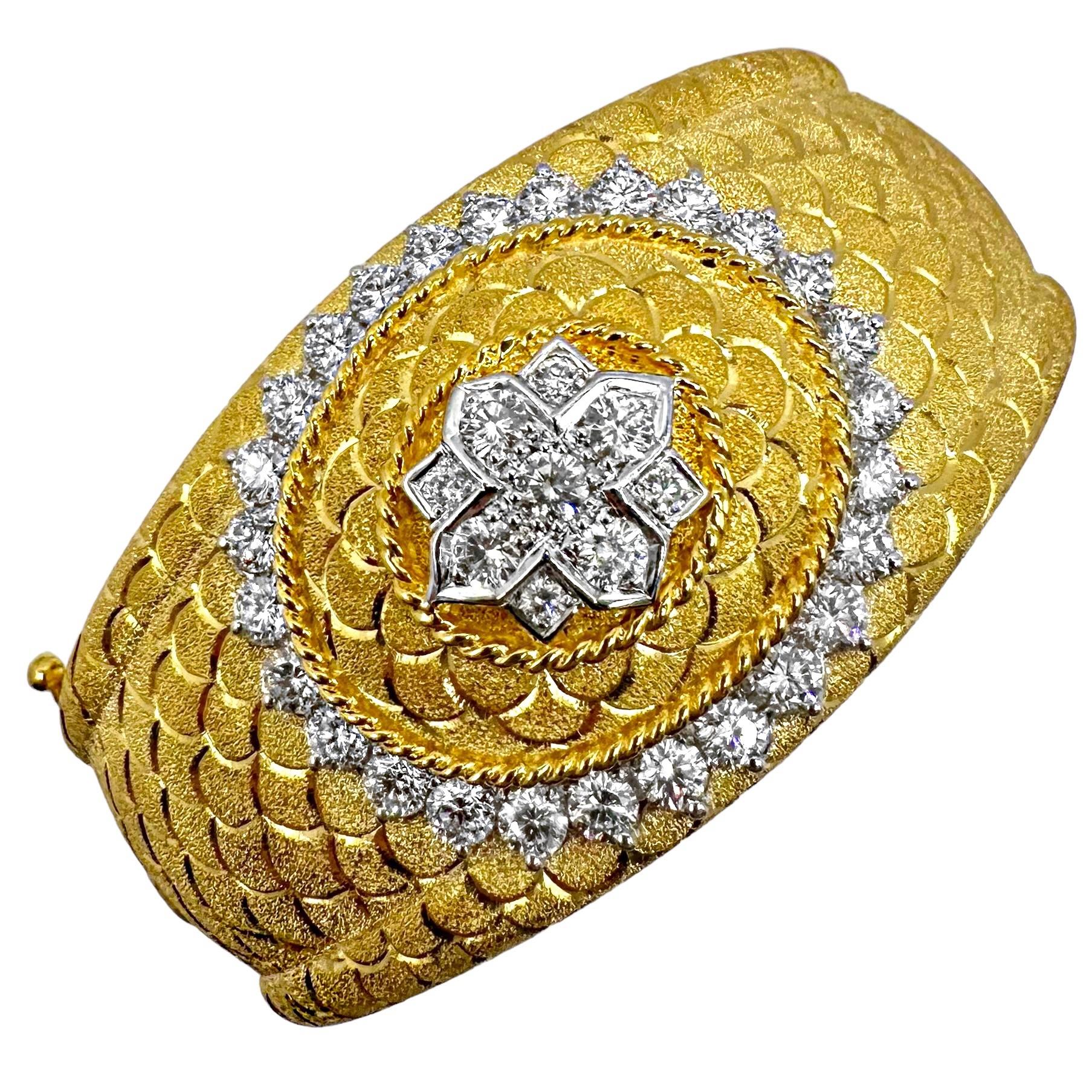 Regal Design, Diamond & Florentine Finish 18K Gold Cuff Bracelet 1.25 Inch Wide For Sale 2
