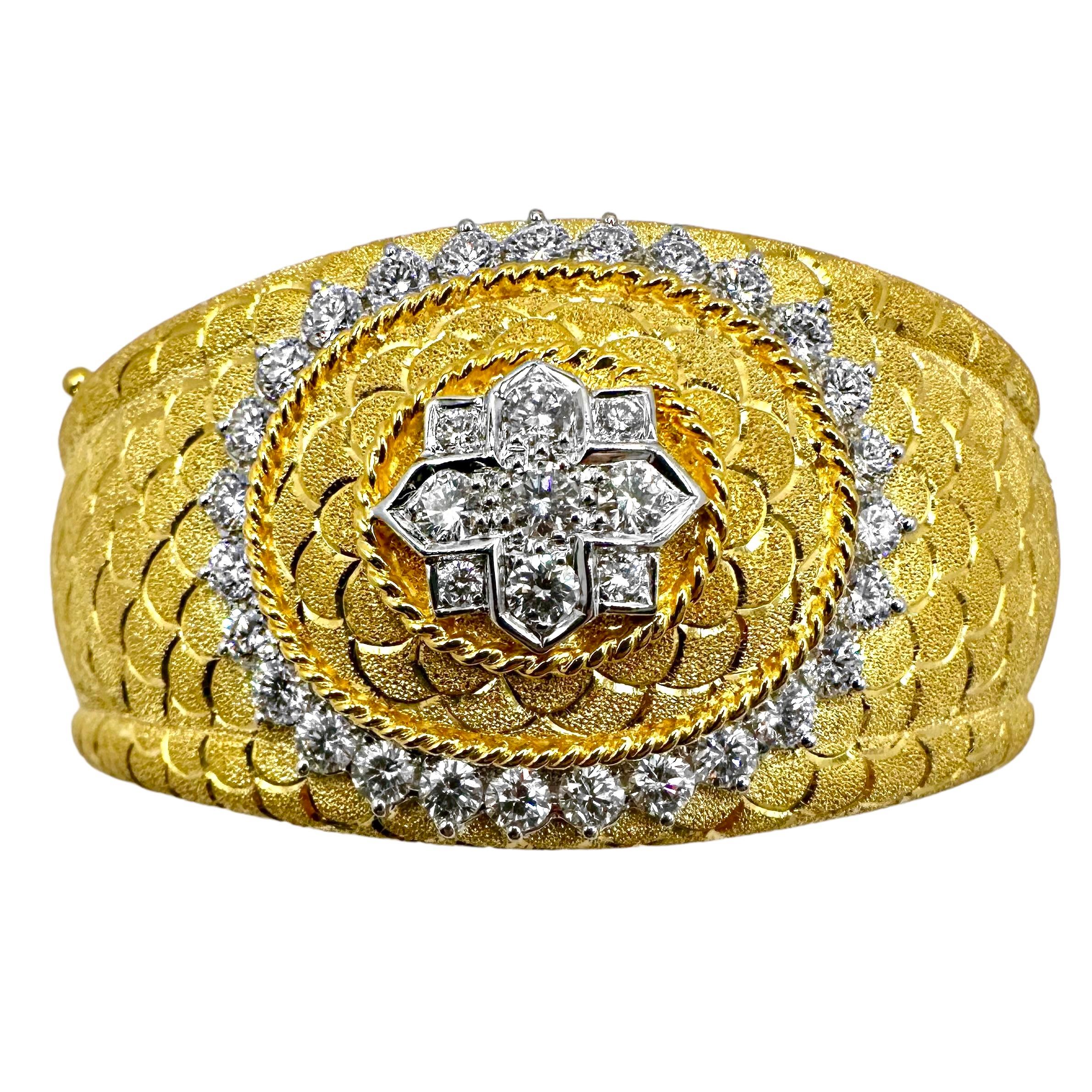 Regal Design, Diamond & Florentine Finish 18K Gold Cuff Bracelet 1.25 Inch Wide For Sale 3