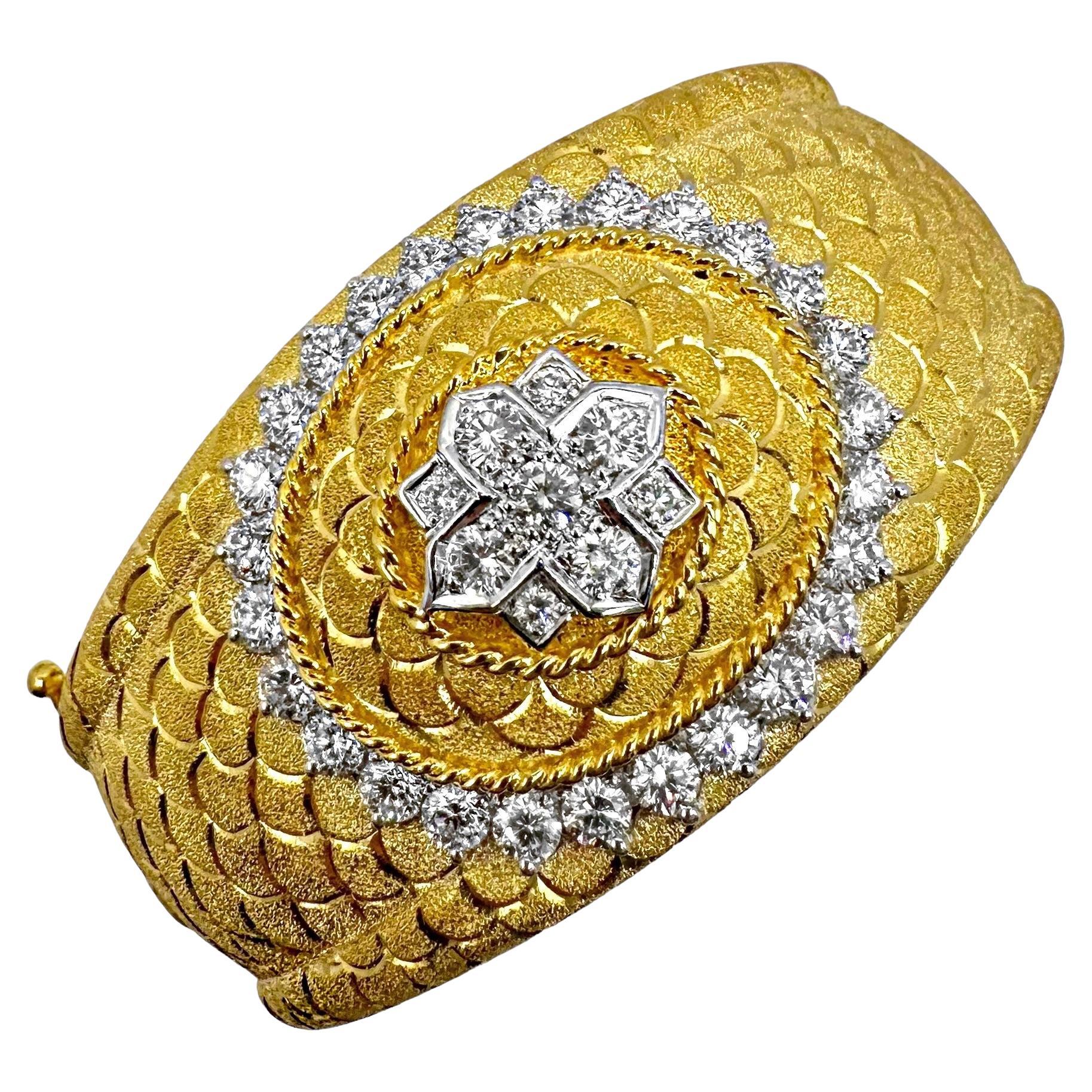 Regal Design, Diamond & Florentine Finish 18K Gold Cuff Bracelet 1.25 Inch Wide For Sale