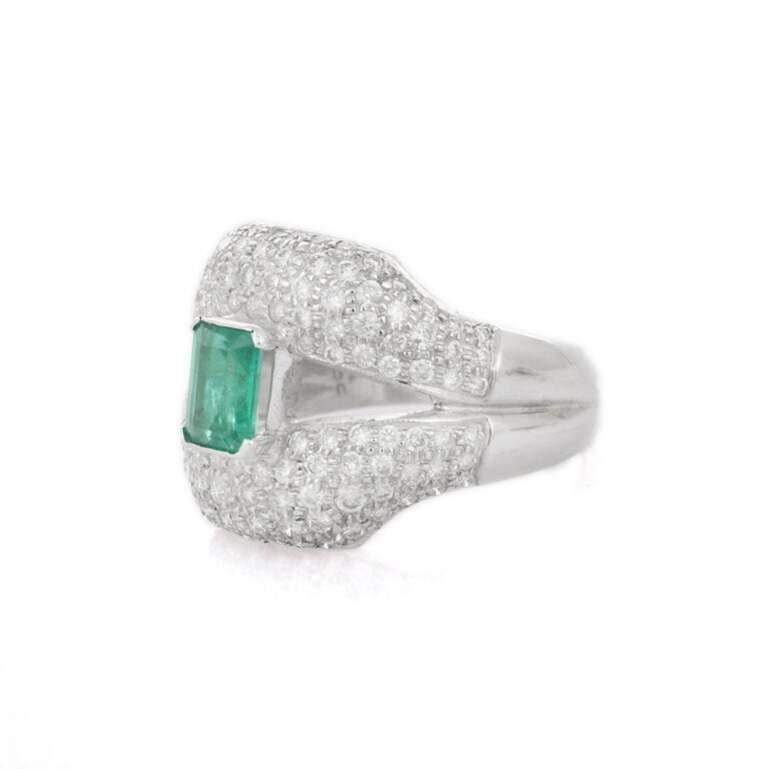 Octagon Cut Regal Diamond and Emerald Split Shank Cocktail Ring in 18K White Gold For Sale