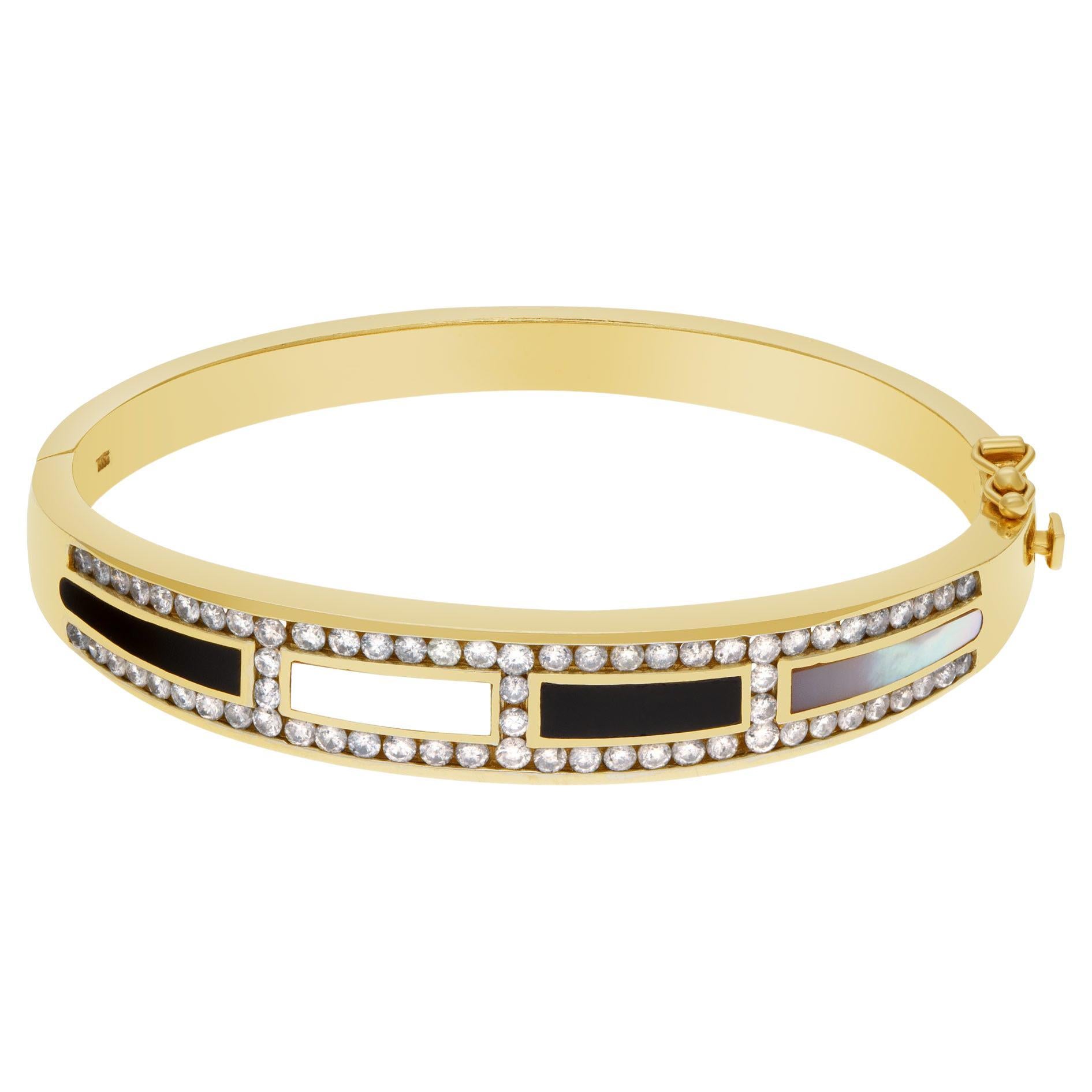 Regal Diamond Bangle in 14k with Mother of Pearl, Black Onyx Inlay and Diamonds For Sale