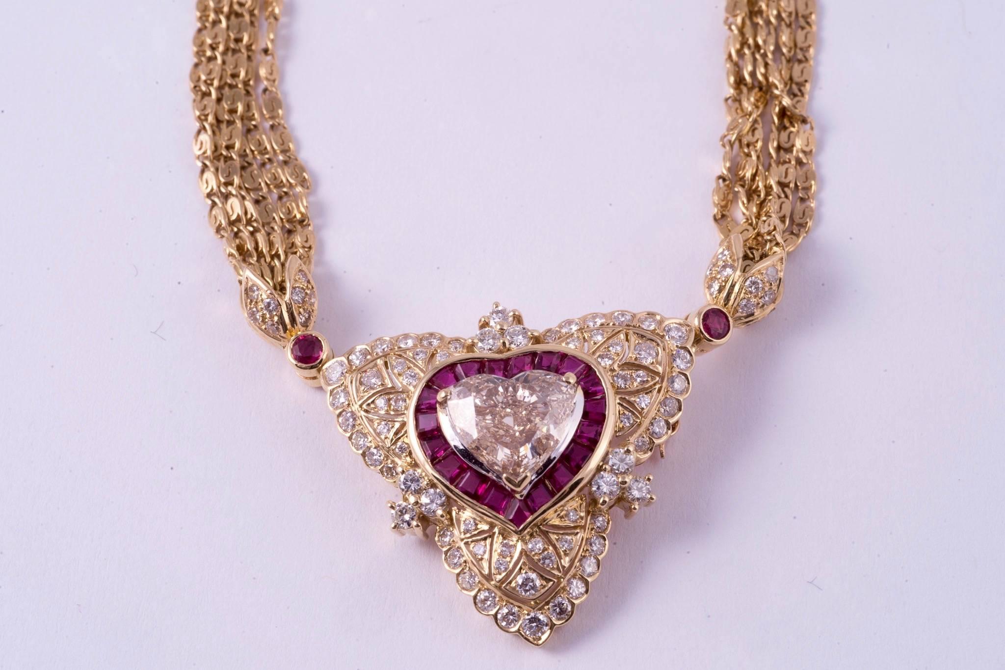 Contemporary Regal Diamond Heart Necklace with Ruby and Diamonds in 18 Karat Gold