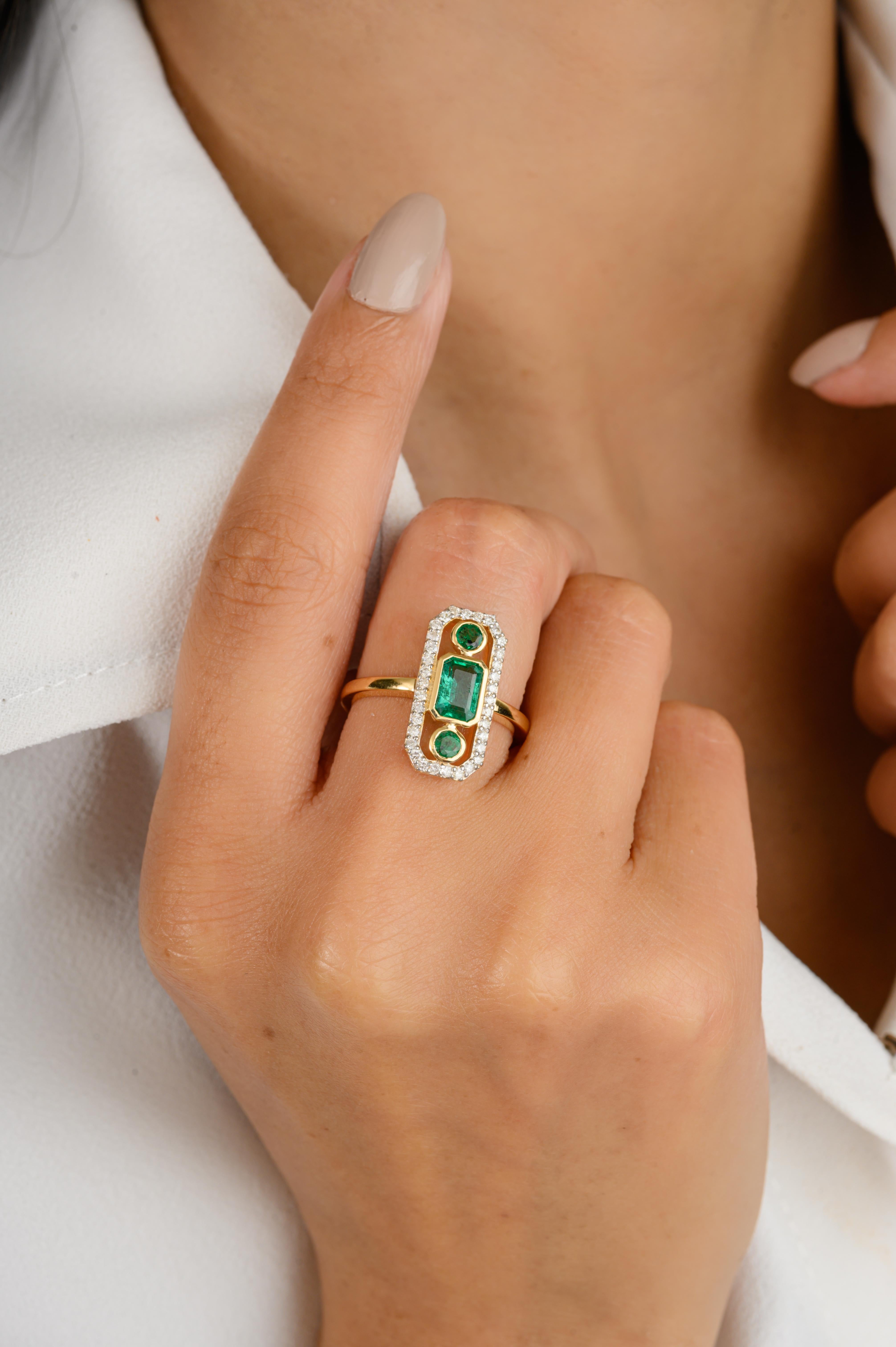For Sale:  Regal Emerald Diamond Long Statement Ring for Women in 18k Solid Yellow Gold 2
