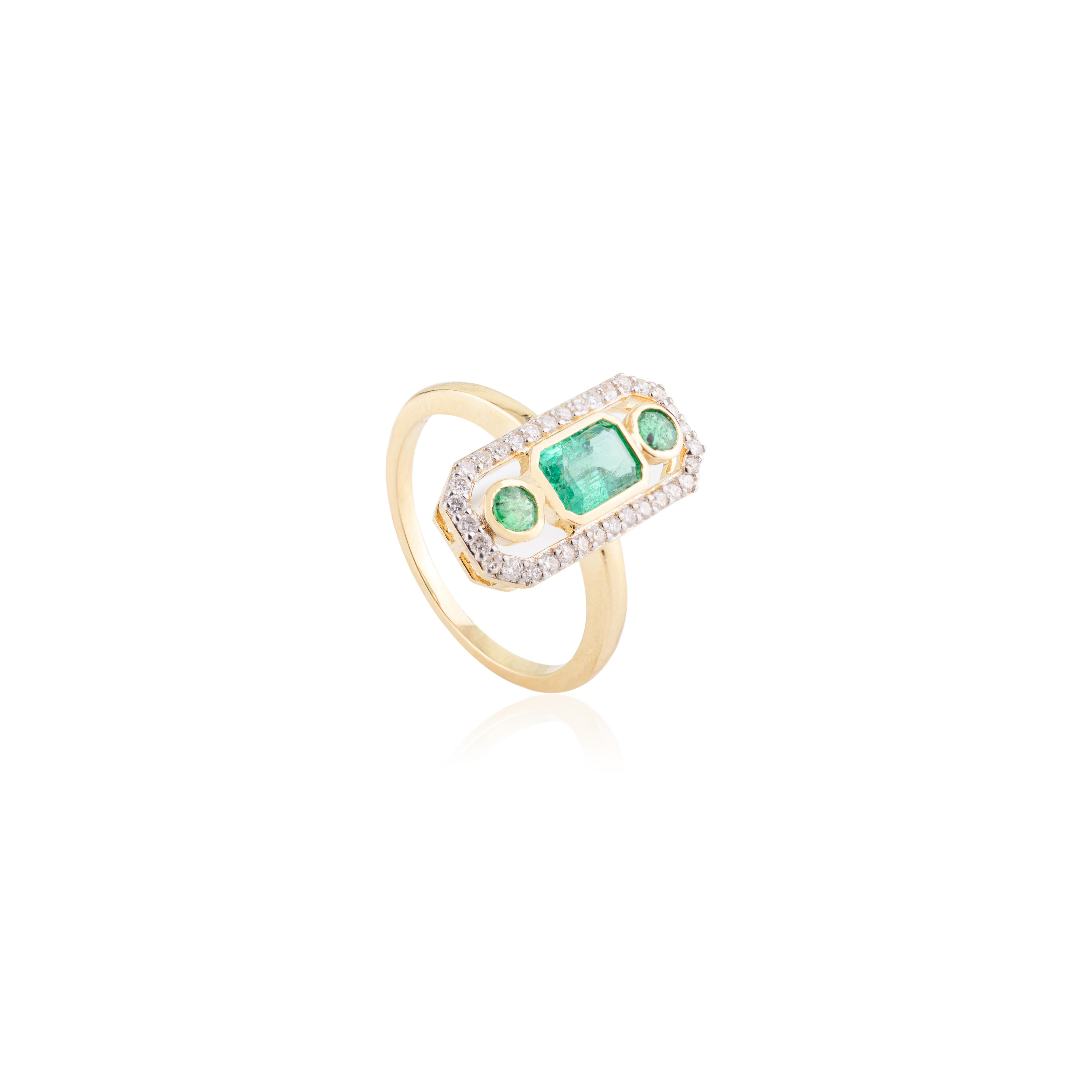For Sale:  Regal Emerald Diamond Long Statement Ring for Women in 18k Solid Yellow Gold 7