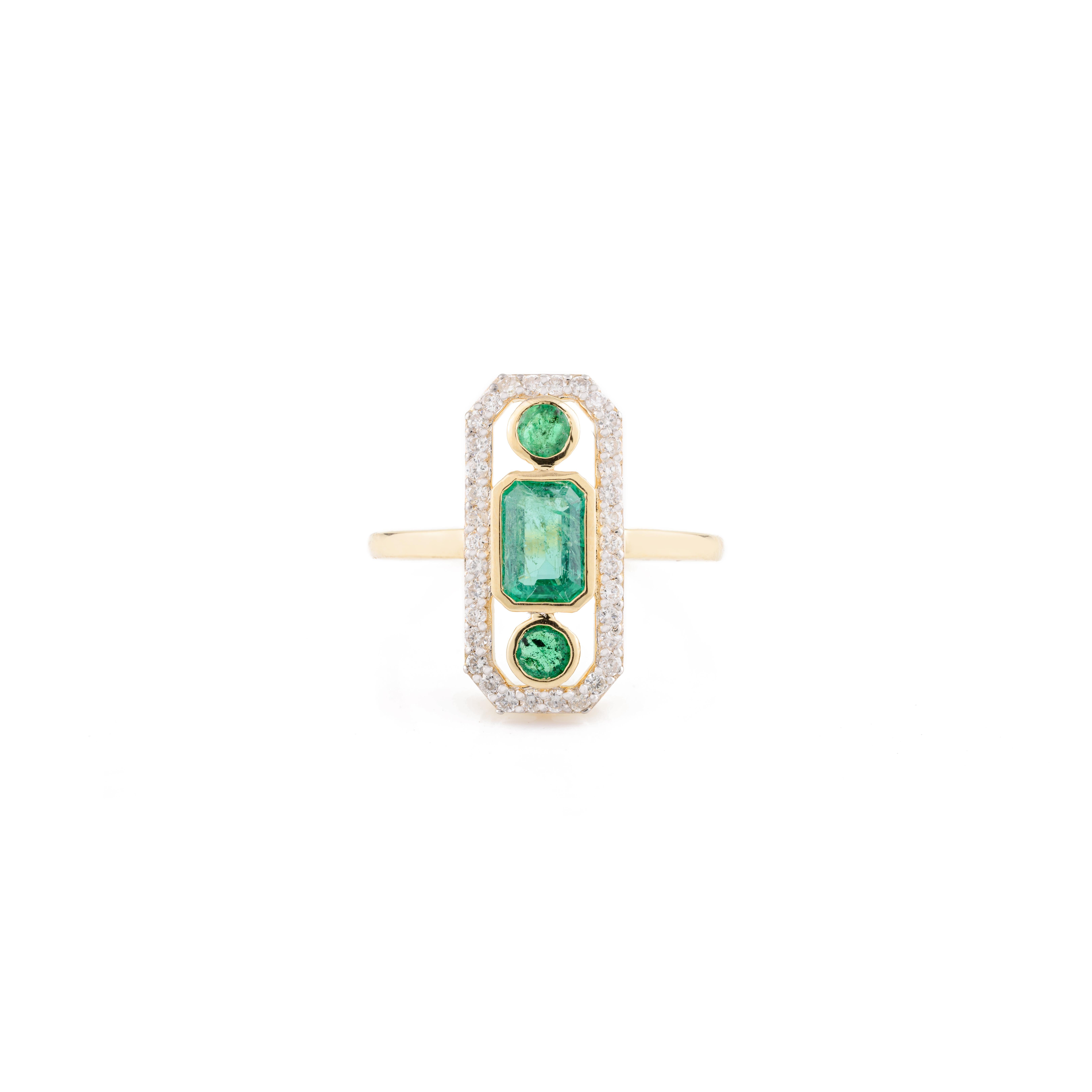 For Sale:  Regal Emerald Diamond Long Statement Ring for Women in 18k Solid Yellow Gold 8