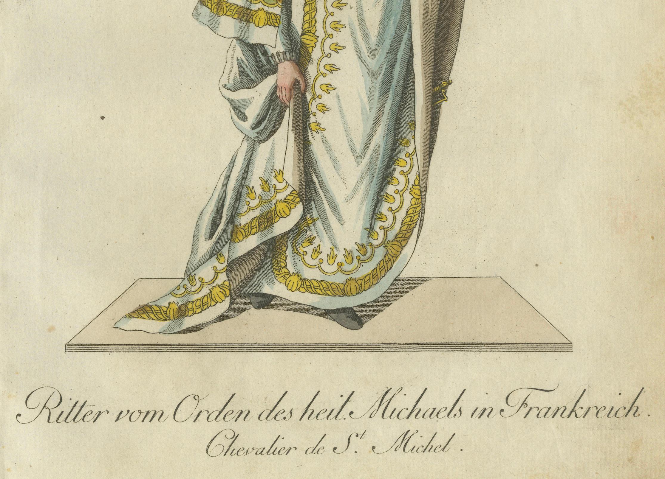 Regal Engraving of a Knight of the Order of St. Michael, France, 18th Century

Description:
This exquisite hand-colored engraving depicts a Knight of the Order of St. Michael (Ritter vom Orden des heil. Michaels in Frankreich), a prestigious French