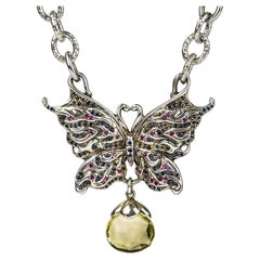 Regal Fantasy Butterfly Silver with Citrine, Sapphire & Ruby Necklace