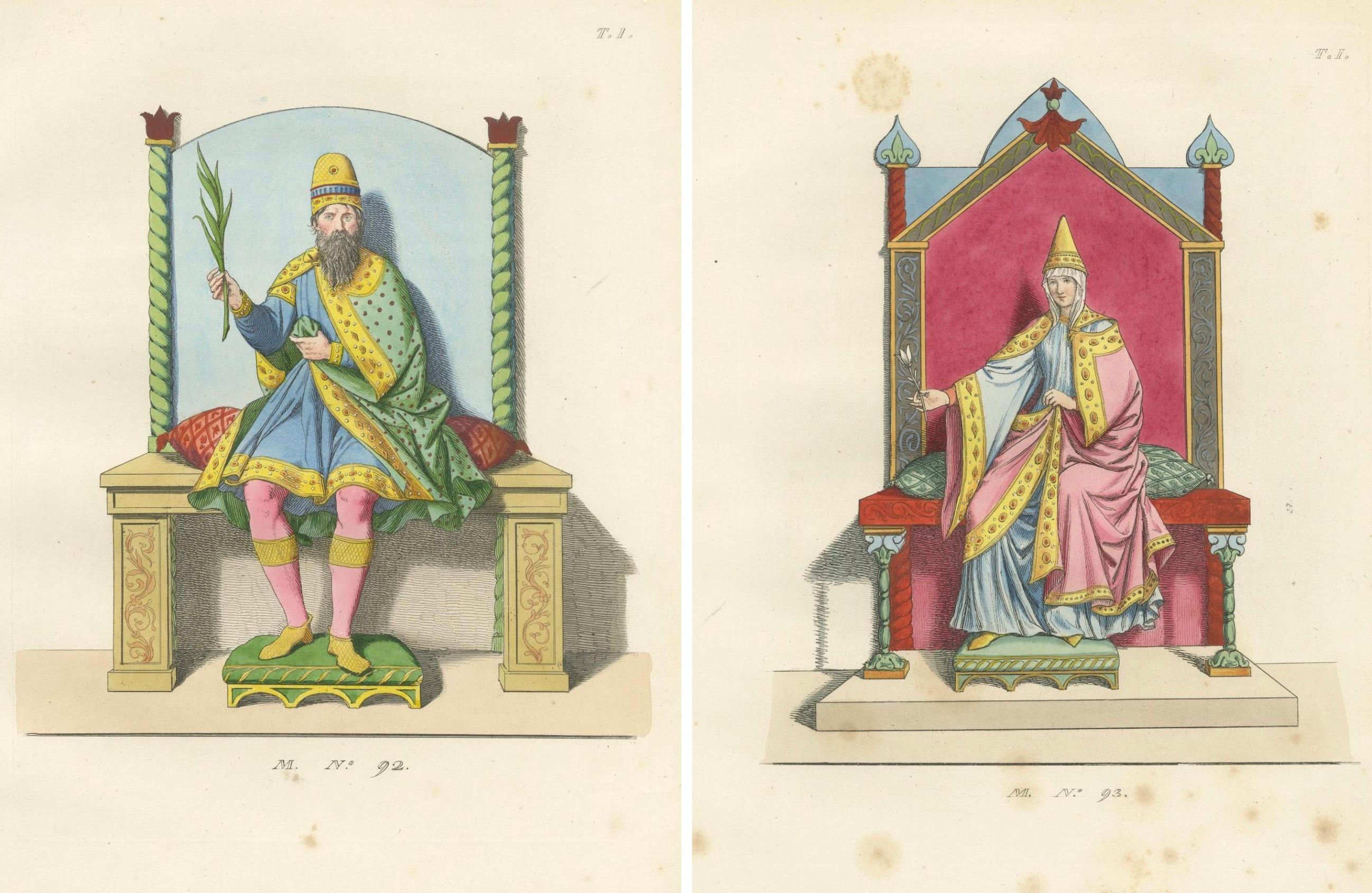 Figuras Regias en Traje Ceremonial c.Siglo XV - Grabado Antiguo 1845 en venta 4