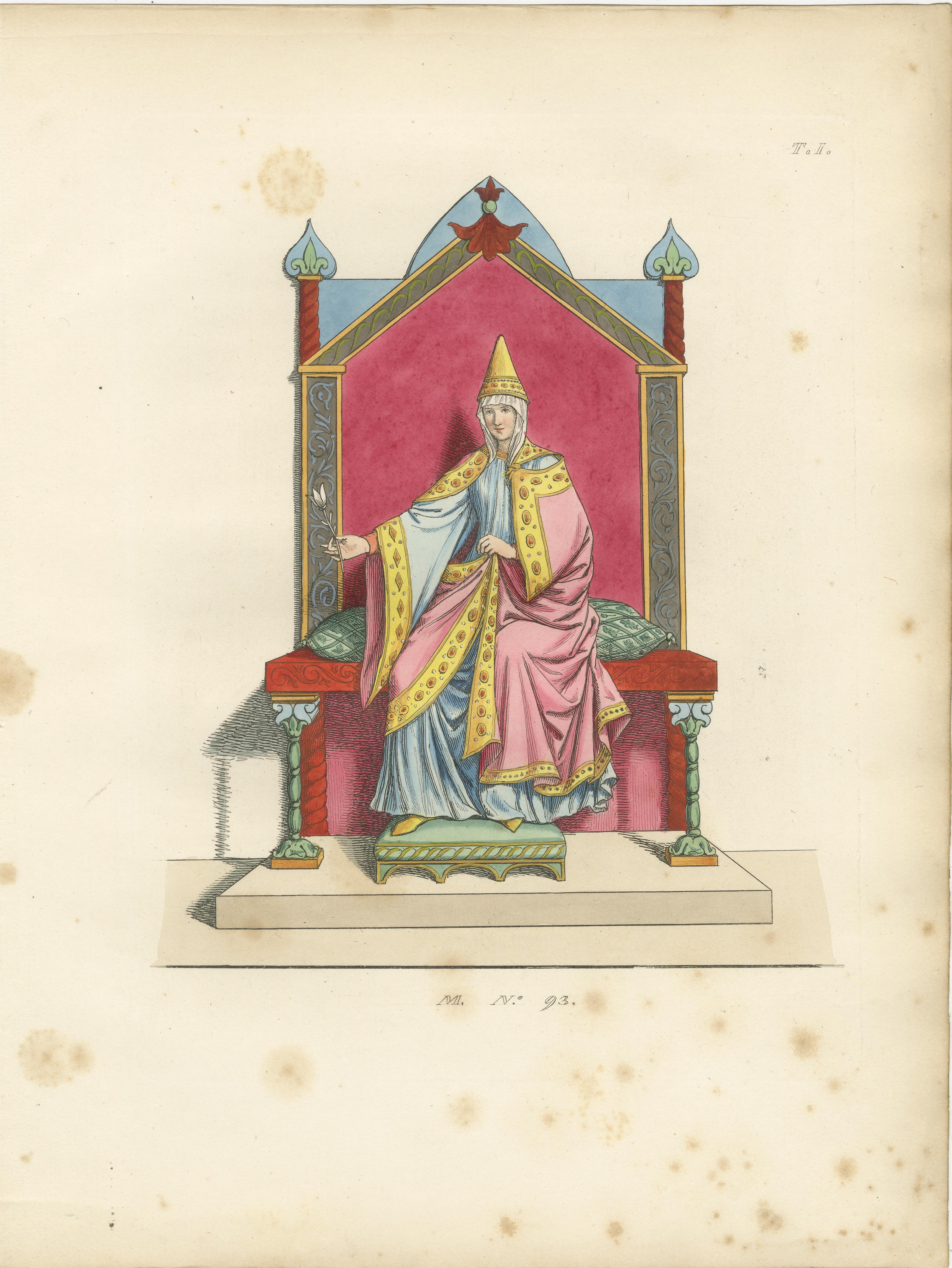 Figuras Regias en Traje Ceremonial c.Siglo XV - Grabado Antiguo 1845 Francés en venta
