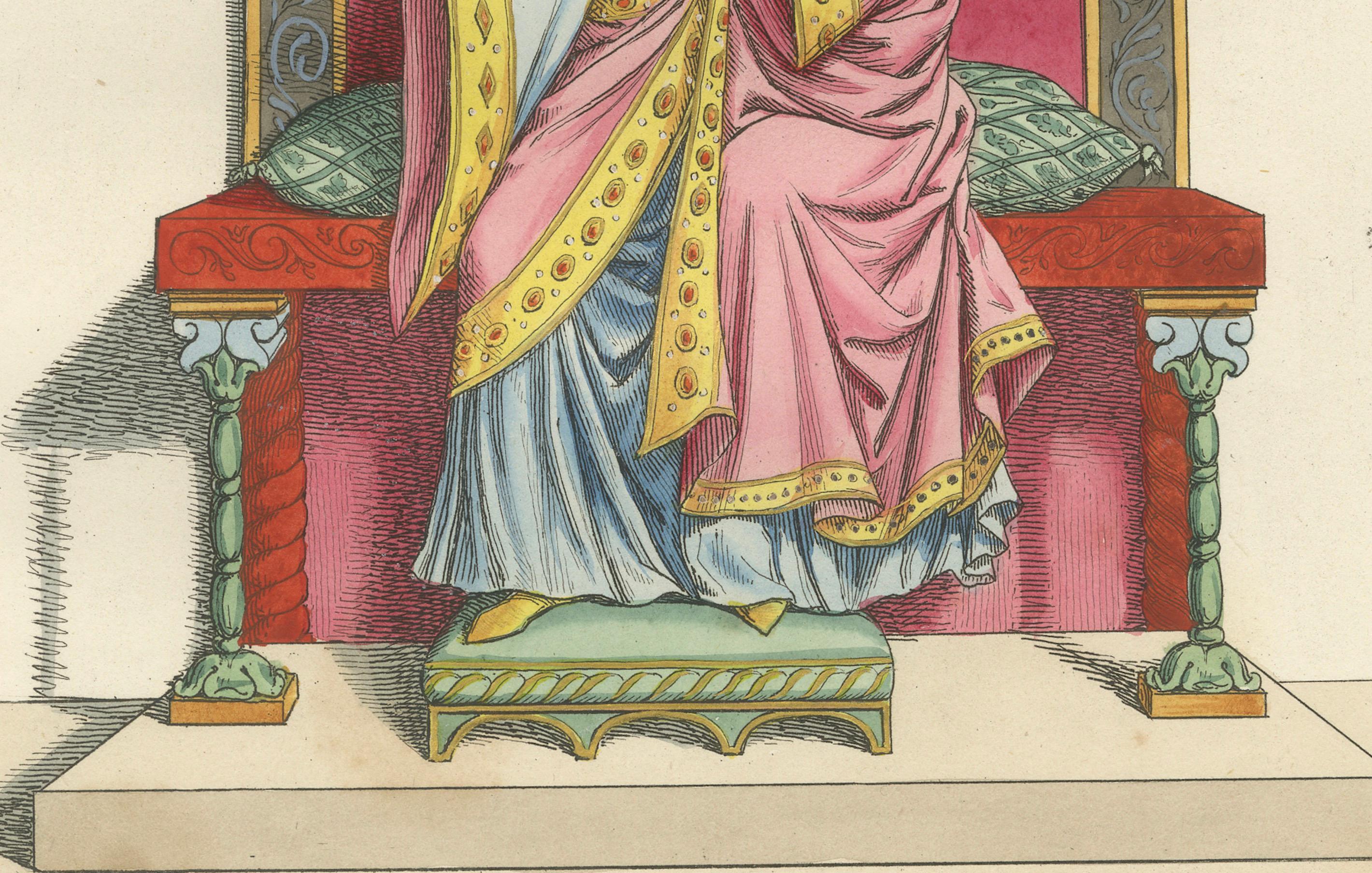 Figuras Regias en Traje Ceremonial c.Siglo XV - Grabado Antiguo 1845 en Bueno estado para la venta en Langweer, NL