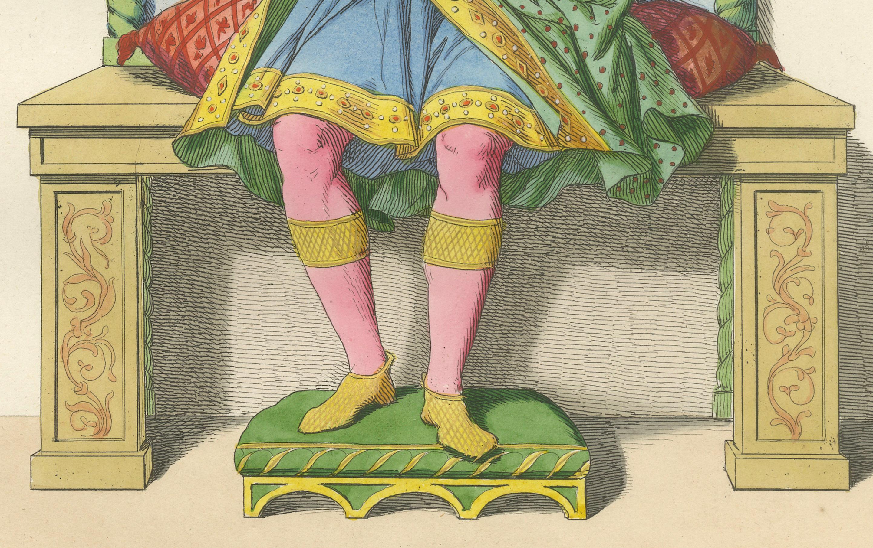 Figuras Regias en Traje Ceremonial c.Siglo XV - Grabado Antiguo 1845 en venta 1