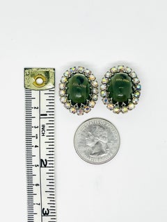 Regal Greenish Grey Oval Dome Cabochon, Aurora Borealis Halo Clip Earrings