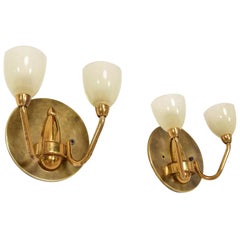 Regal Italian Shield Sconces in Brass and Glass by Gio Ponti Italy 1950s -a Pair