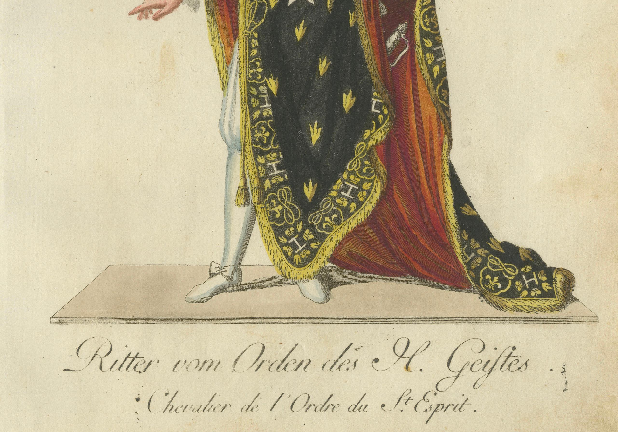 Knight of the Order of the Holy Spirit, 18th-Century Engraving

This finely hand-colored engraving portrays a Knight of the Order of the Holy Spirit (Ordre du Saint-Esprit), one of the most prestigious chivalric orders of the French monarchy,