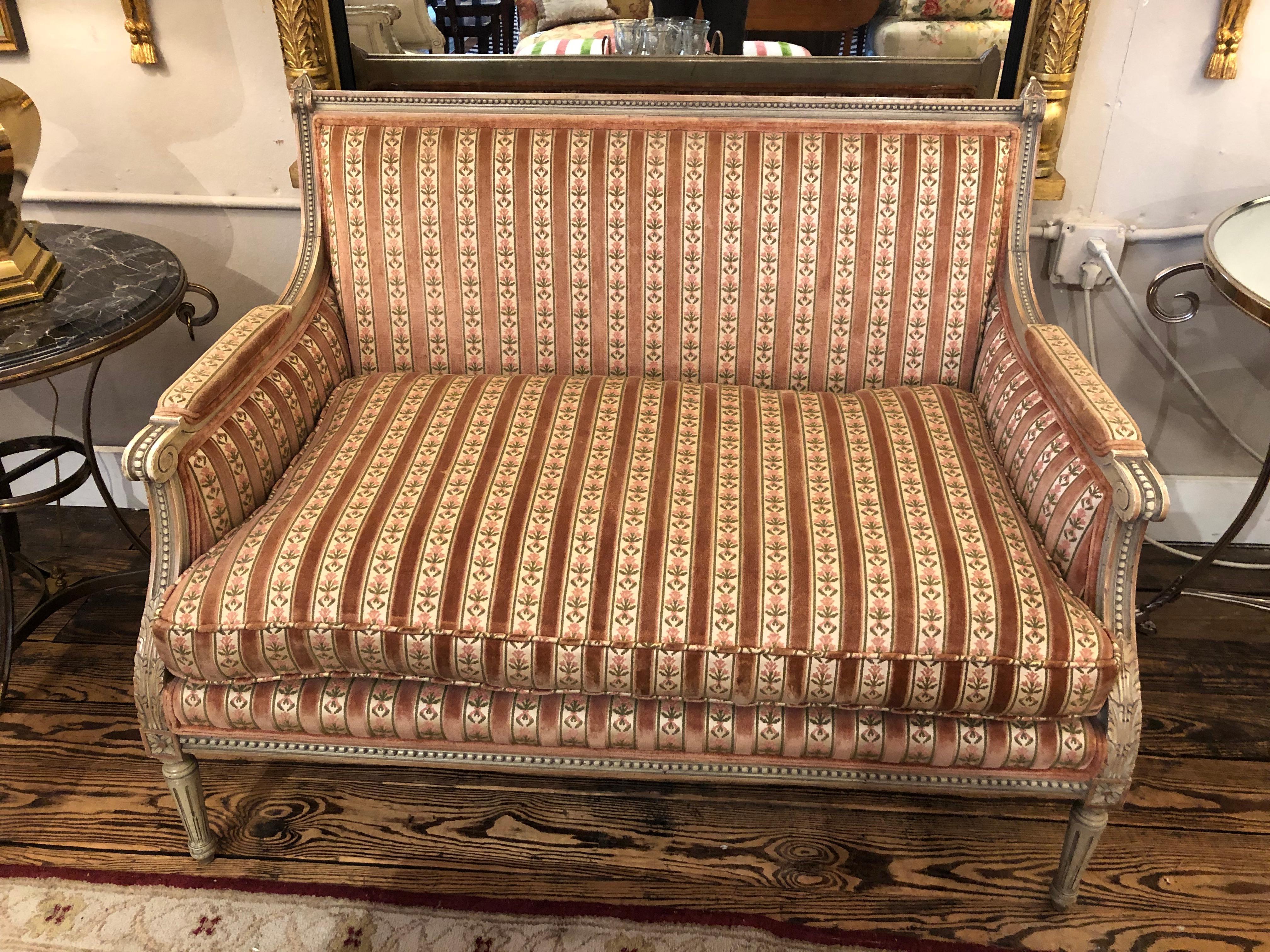 Upholstery Regal Louis XVI Style Painted Wood and Velvet Loveseat For Sale