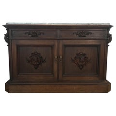 Regal Marble Topped Walnut Sideboard Buffet with Gorgeous Carved Figures