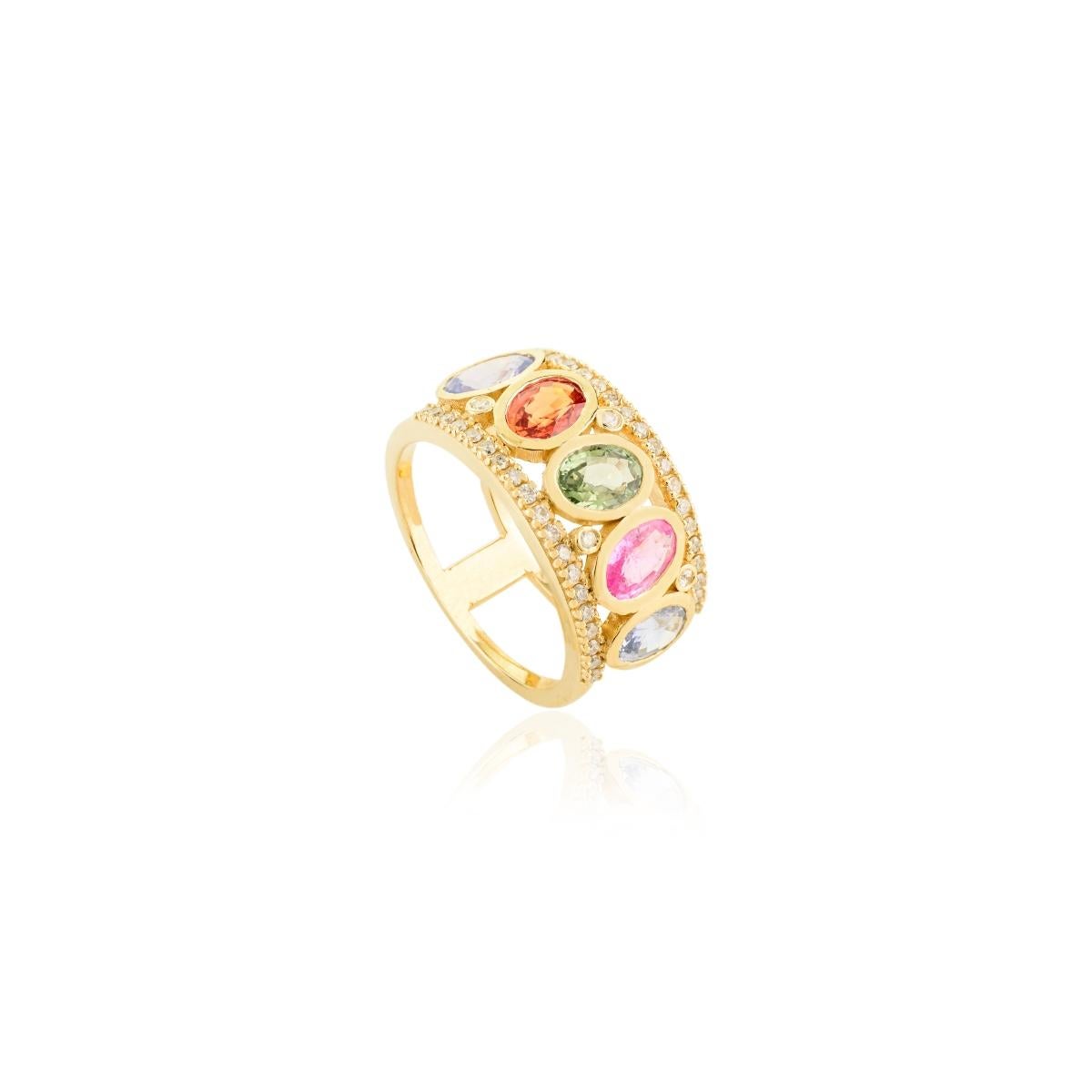 En vente :  Anneau de mariage régalien en or jaune 14k avec saphirs multiples et diamants 5