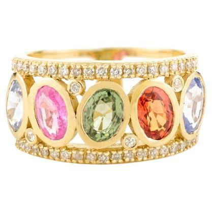 Regal Multi Sapphire Diamond Wide Wedding Band Ring in 14k Yellow gold