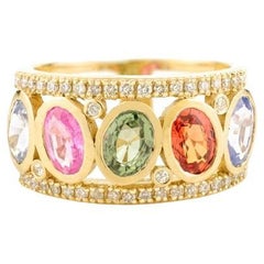 Anneau de mariage régalien en or jaune 14k avec saphirs multiples et diamants