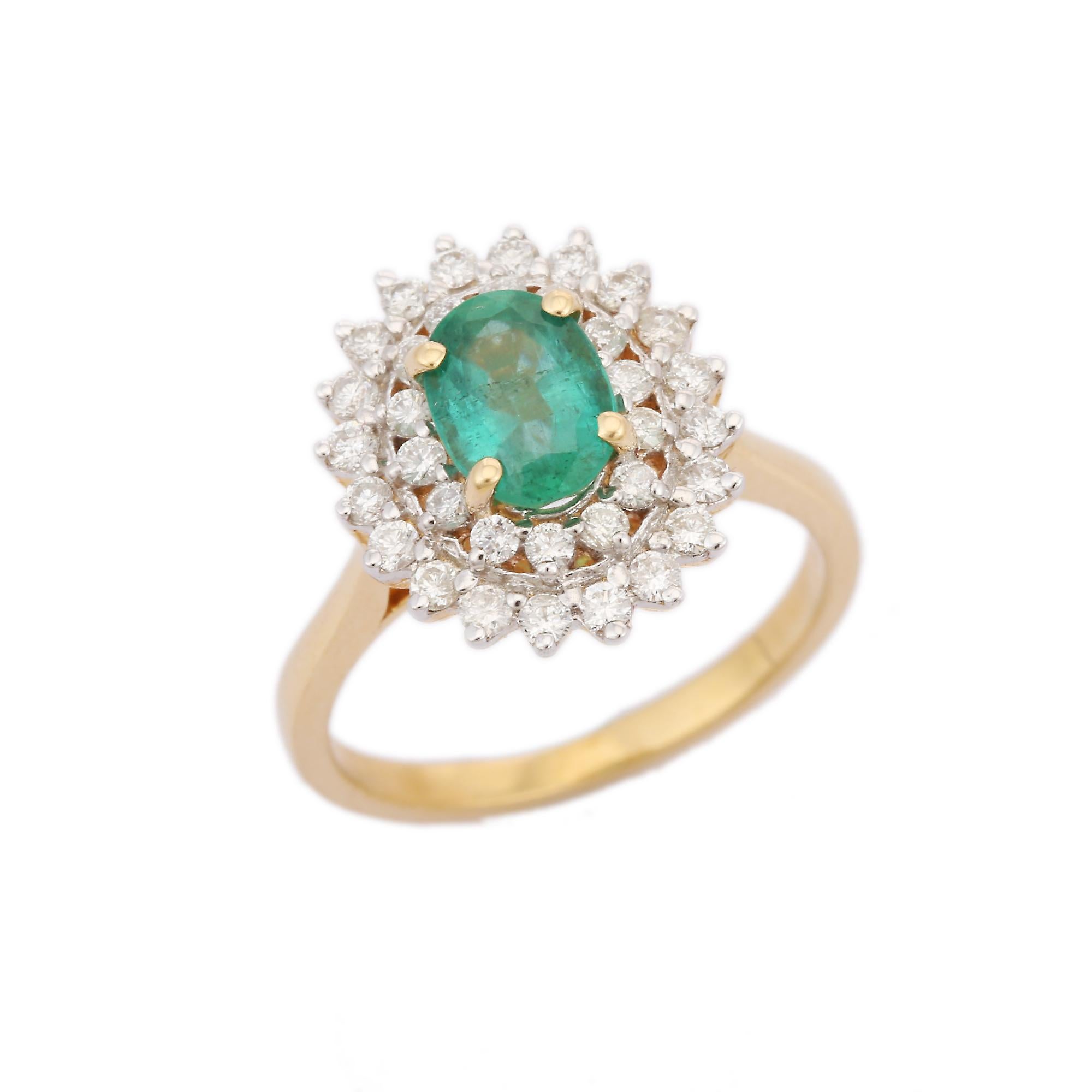 For Sale:  Regal Natural Emerald and Diamond Halo Wedding Ring 14K Yellow Gold Ring 2