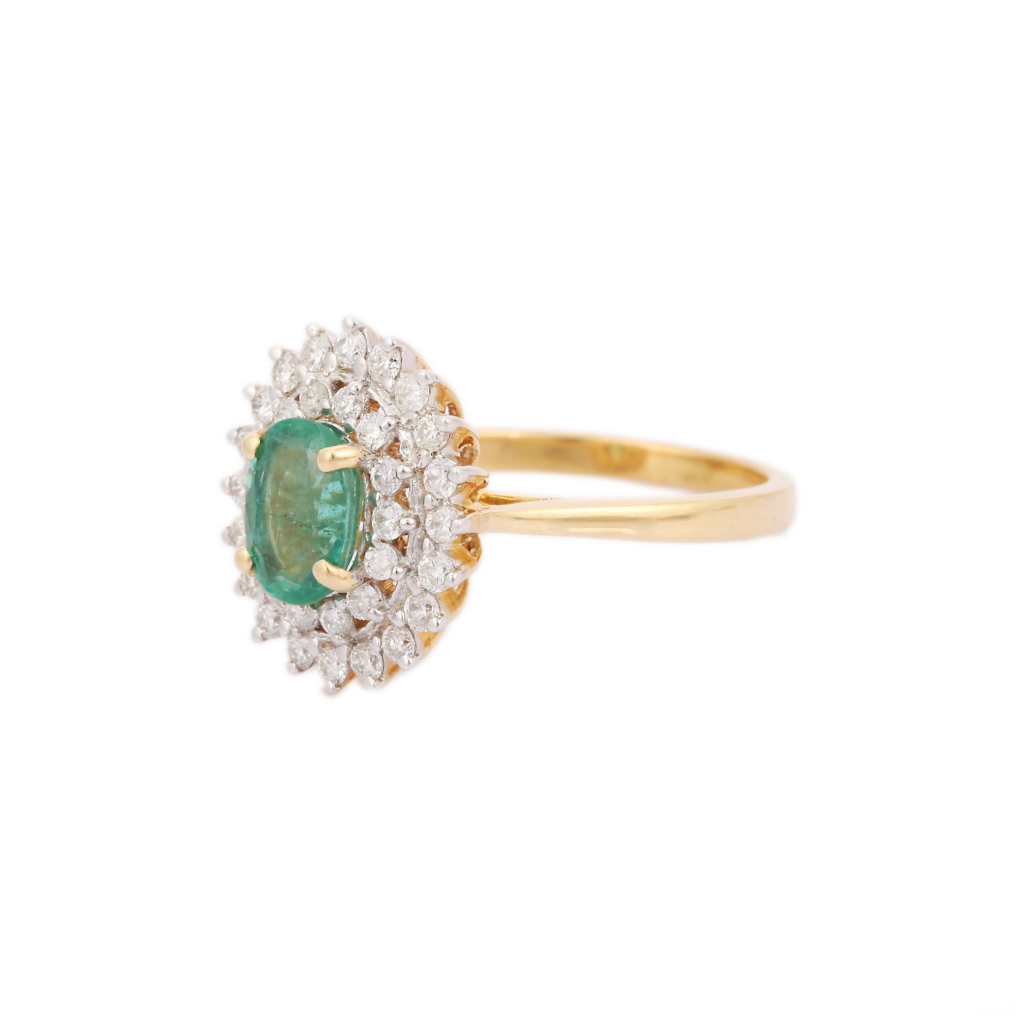 For Sale:  Regal Natural Emerald and Diamond Halo Wedding Ring 14K Yellow Gold Ring 3