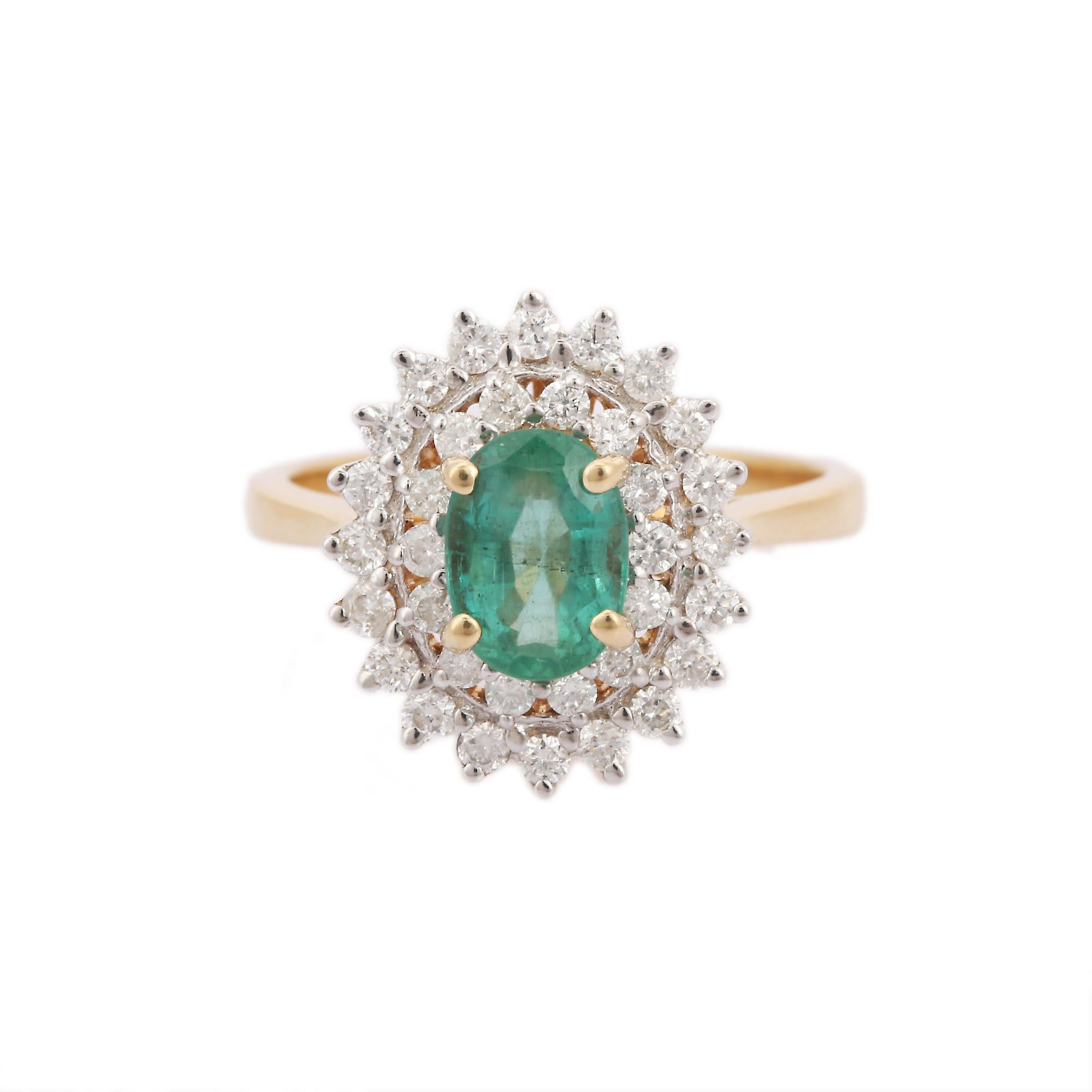 For Sale:  Regal Natural Emerald and Diamond Halo Wedding Ring 14K Yellow Gold Ring 5