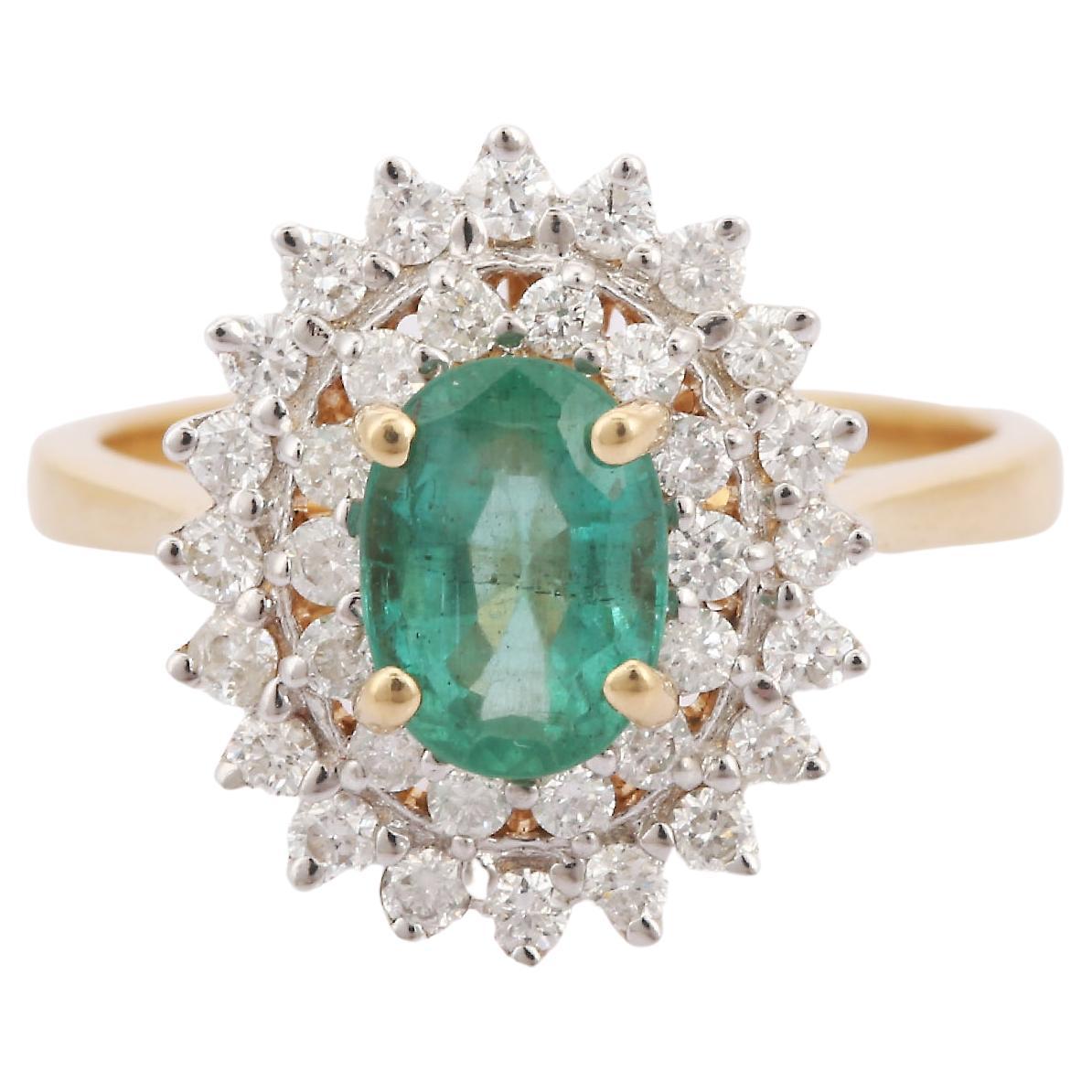 For Sale:  Regal Natural Emerald and Diamond Halo Wedding Ring 14K Yellow Gold Ring