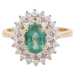 Regal Natural Emerald and Diamond Halo Wedding Ring 14K Yellow Gold Ring