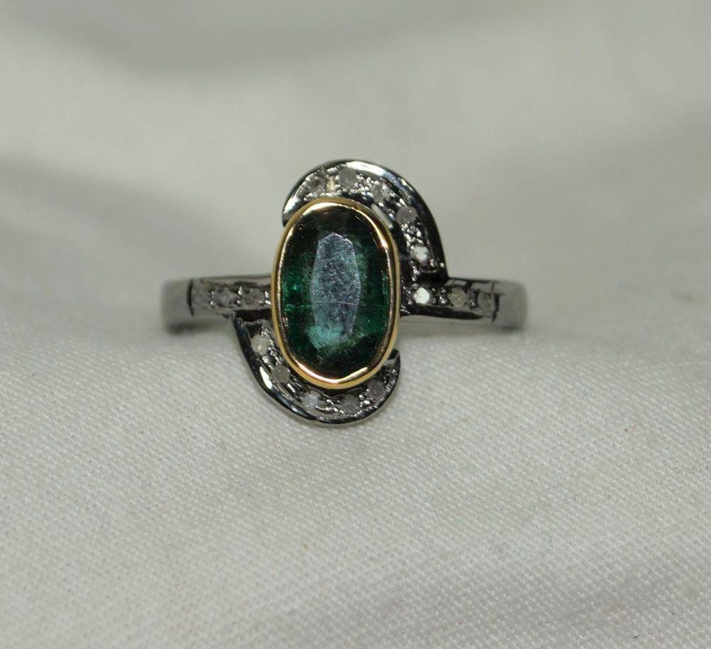 Retro Regal Natural rose cut diamond real emerald 925 silver double tone ring For Sale