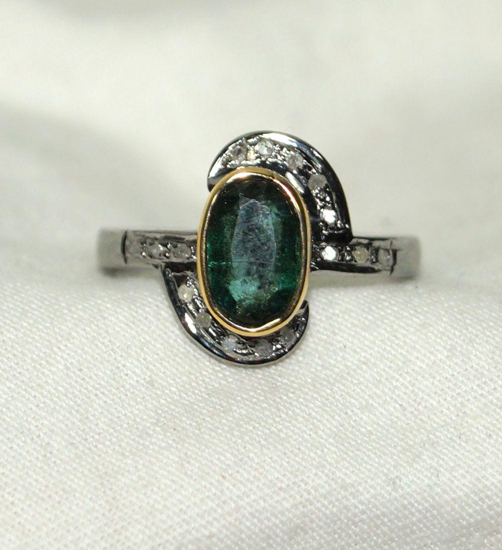 Women's or Men's Regal Natural rose cut diamond real emerald 925 silver double tone ring For Sale