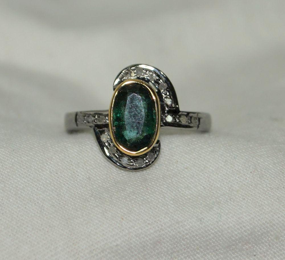 Regal Natural rose cut diamond real emerald 925 silver double tone ring For Sale 2