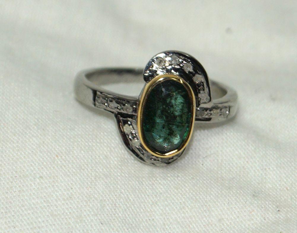 Regal Natural rose cut diamond real emerald 925 silver double tone ring For Sale 3