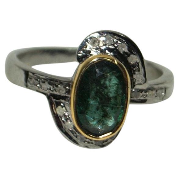 Regal Natural rose cut diamond real emerald 925 silver double tone ring For Sale
