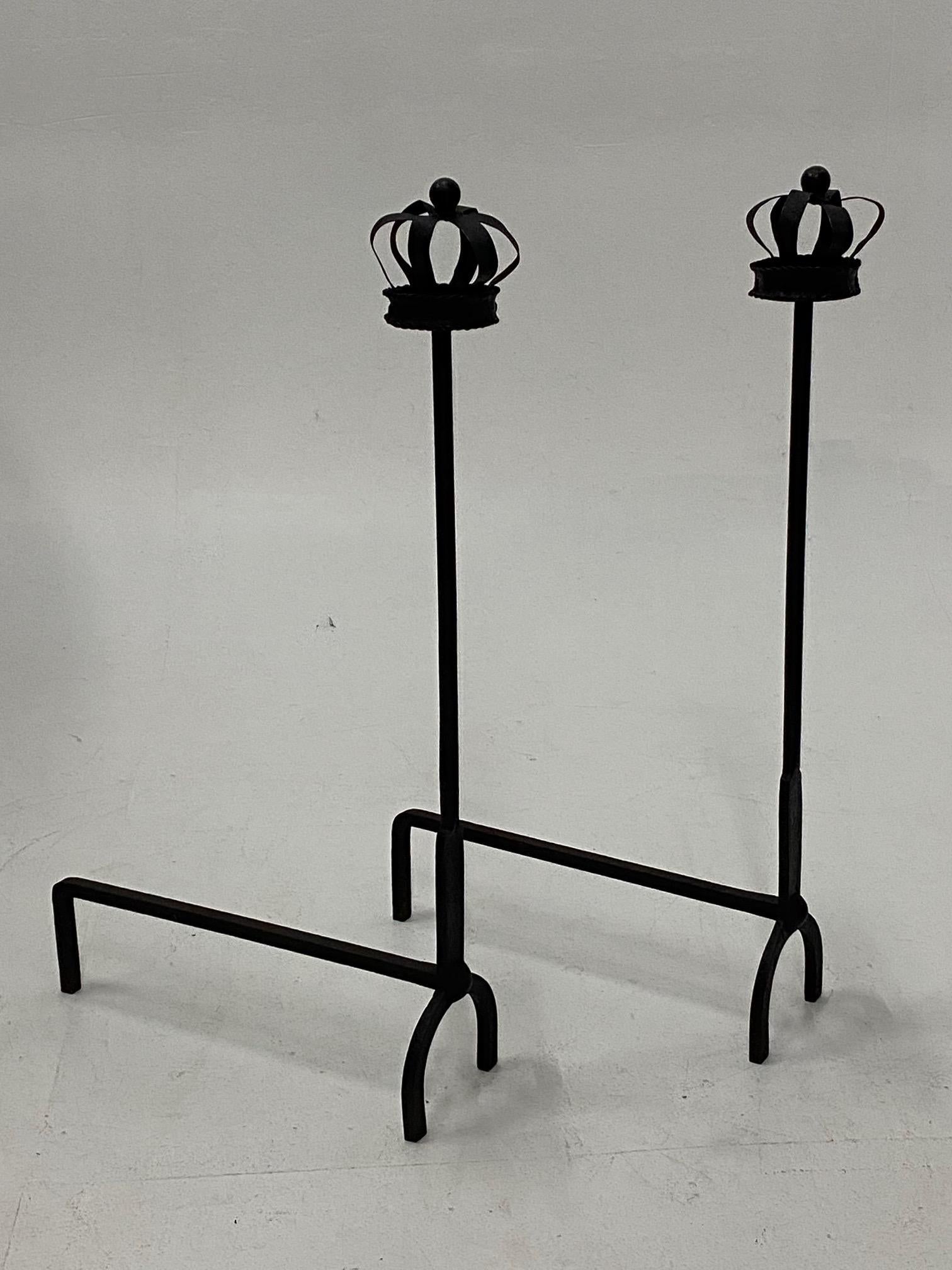 English Regal Pair of Black Cast Iron Crown Motife Andirons For Sale