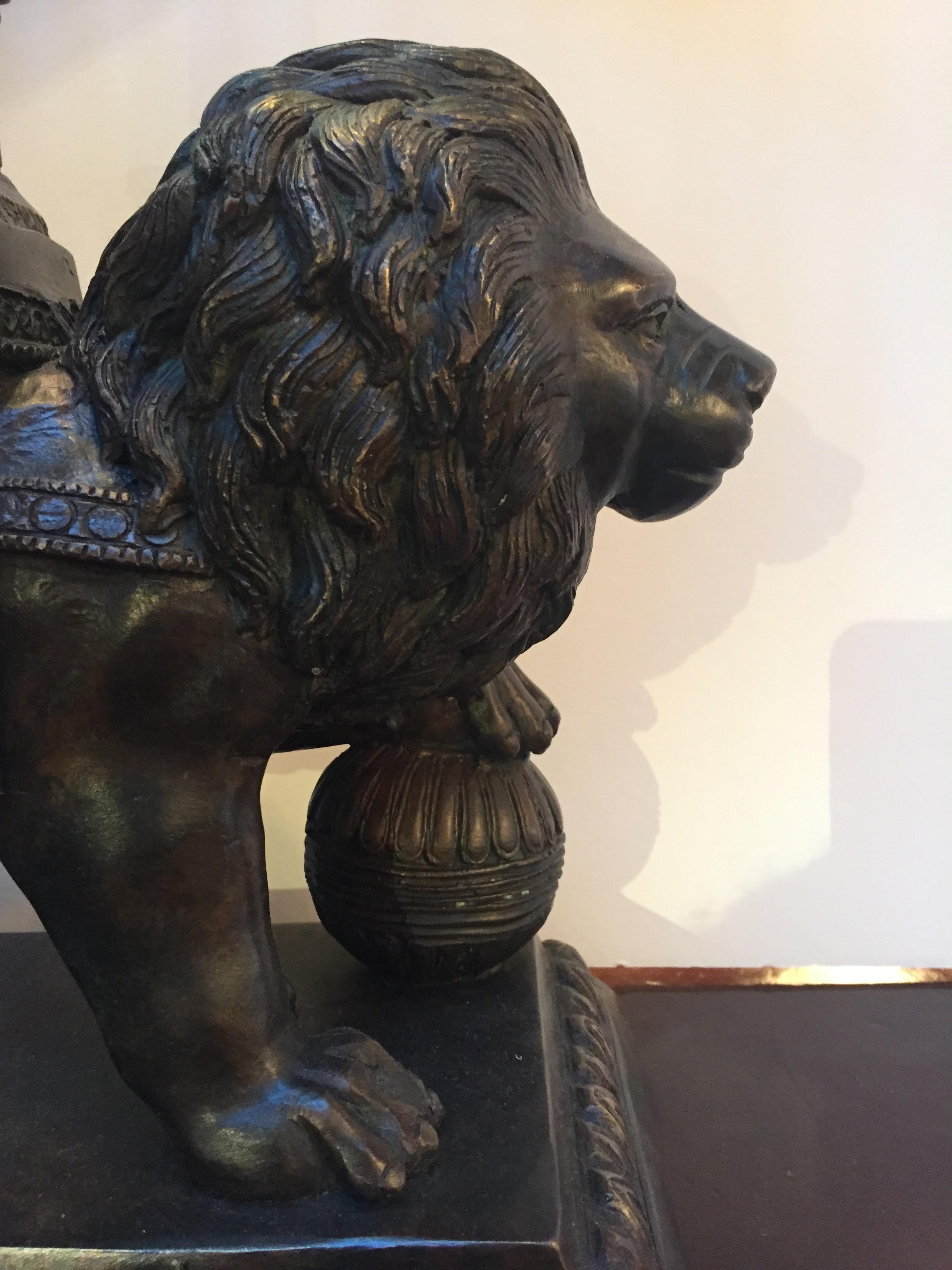 Neoclassical Regal Pair of Bronze Lion Motif Table Lamps