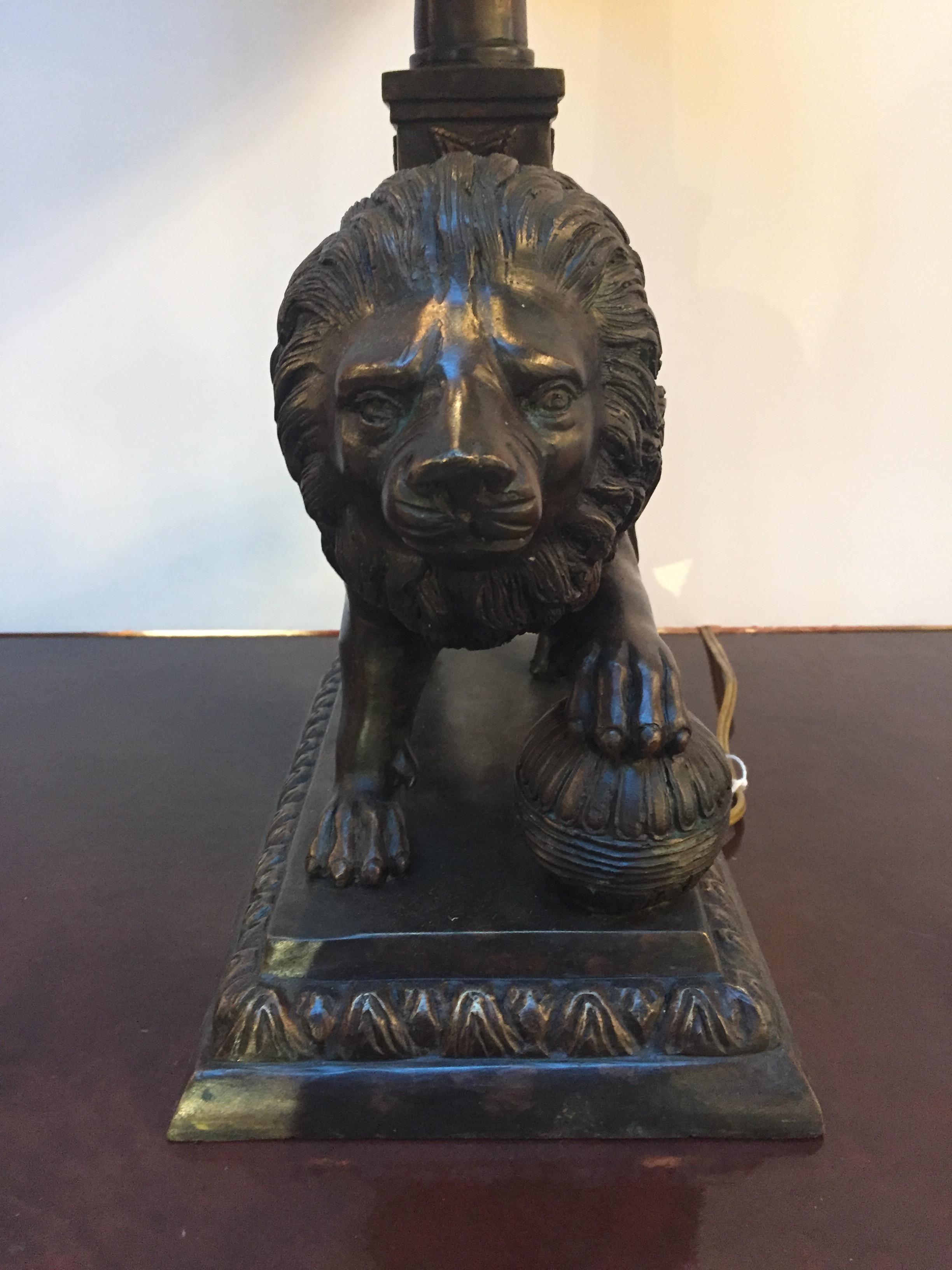 Late 20th Century Regal Pair of Bronze Lion Motif Table Lamps