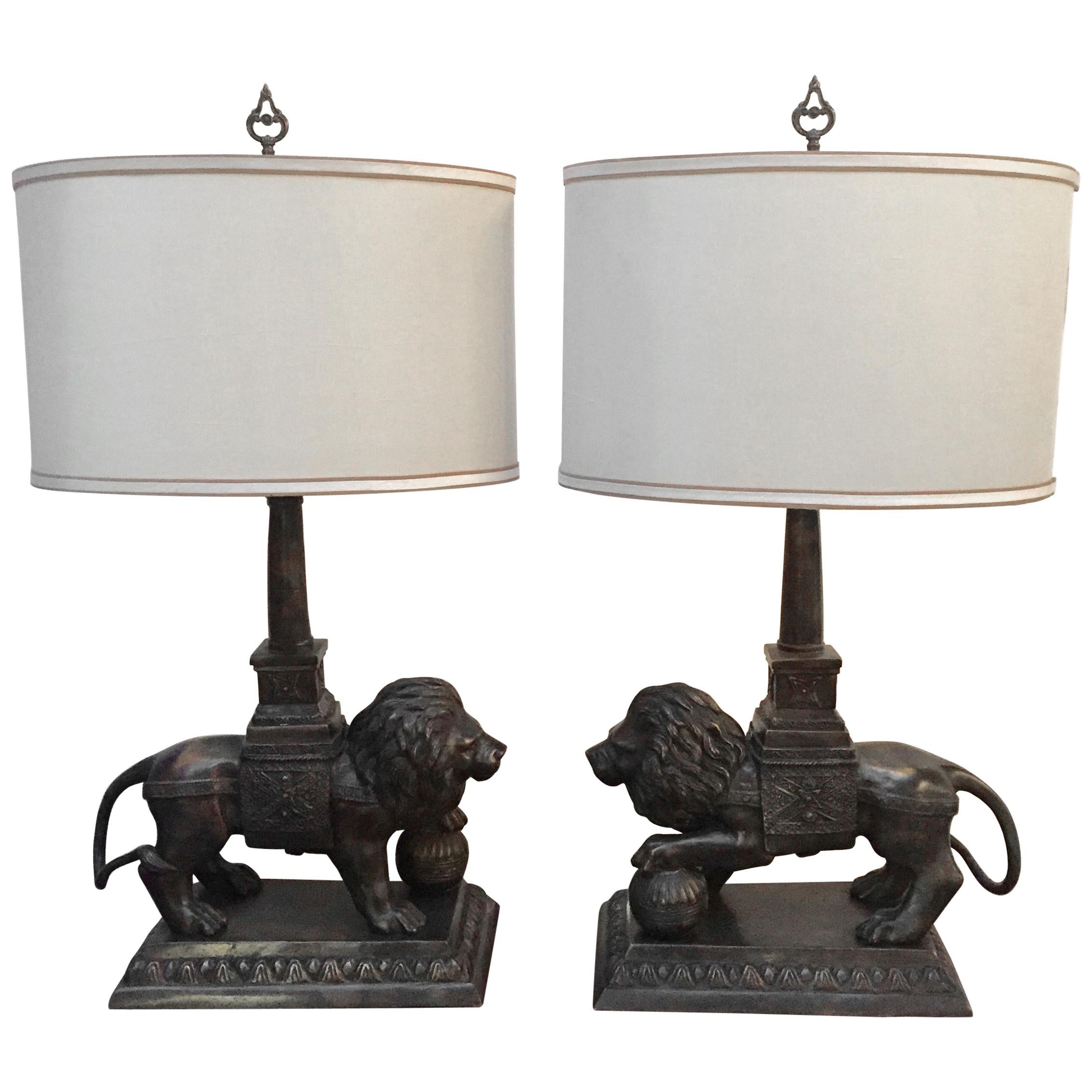 Regal Pair of Bronze Lion Motif Table Lamps