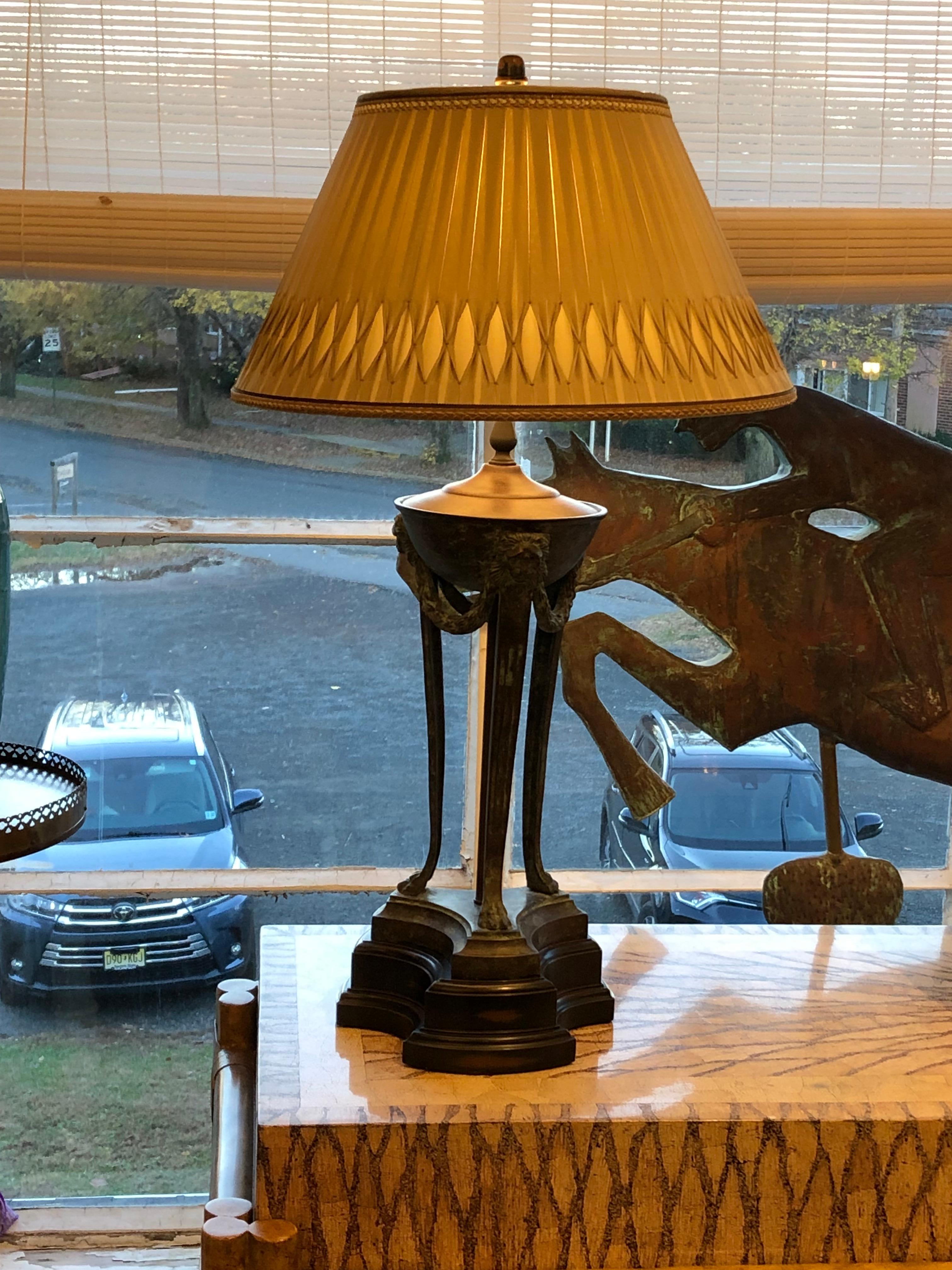 Regal Pair of Neoclassical Bronze Table Lamps with Custom Shades 5