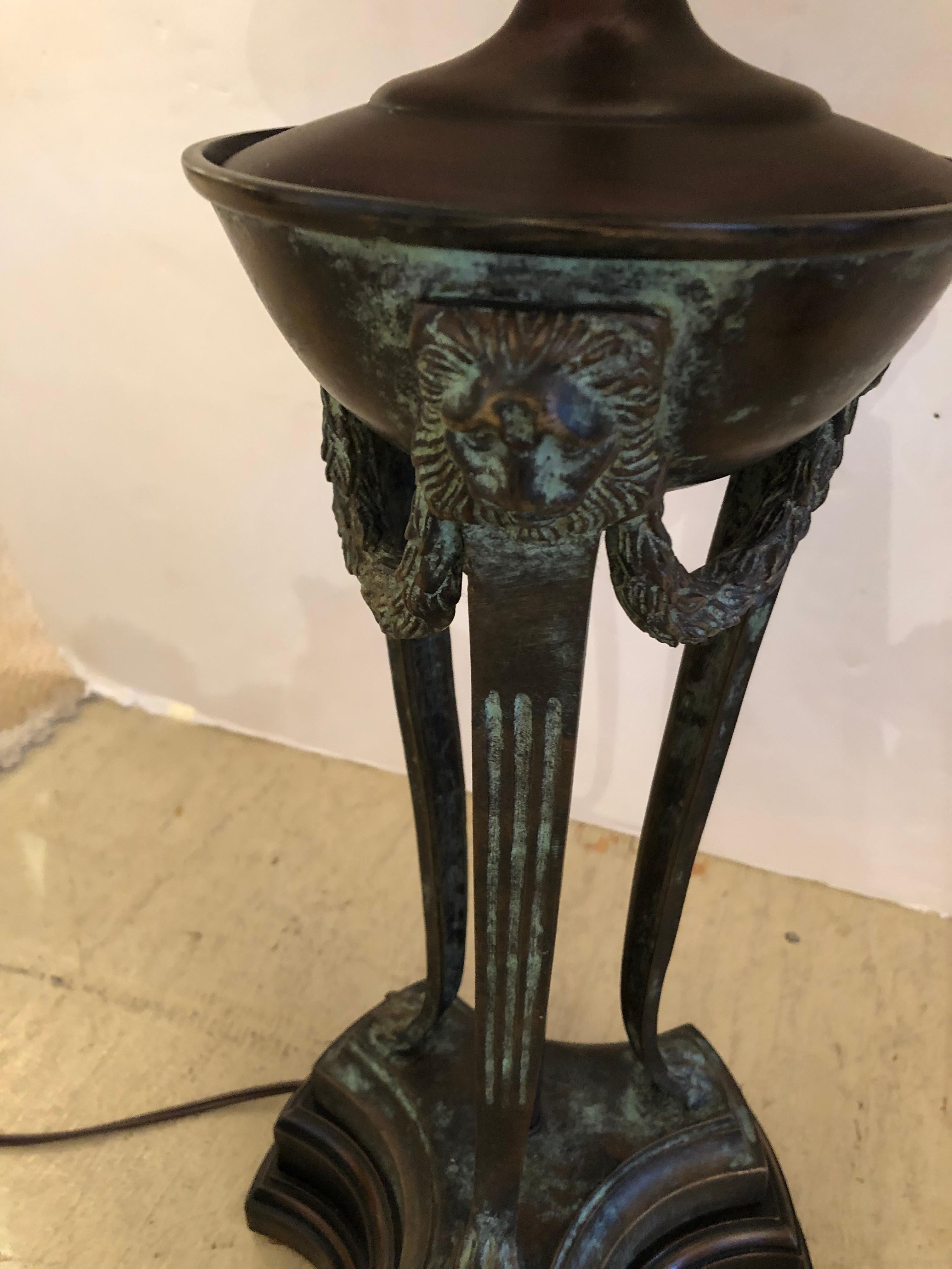Regal Pair of Neoclassical Bronze Table Lamps with Custom Shades In Good Condition In Hopewell, NJ