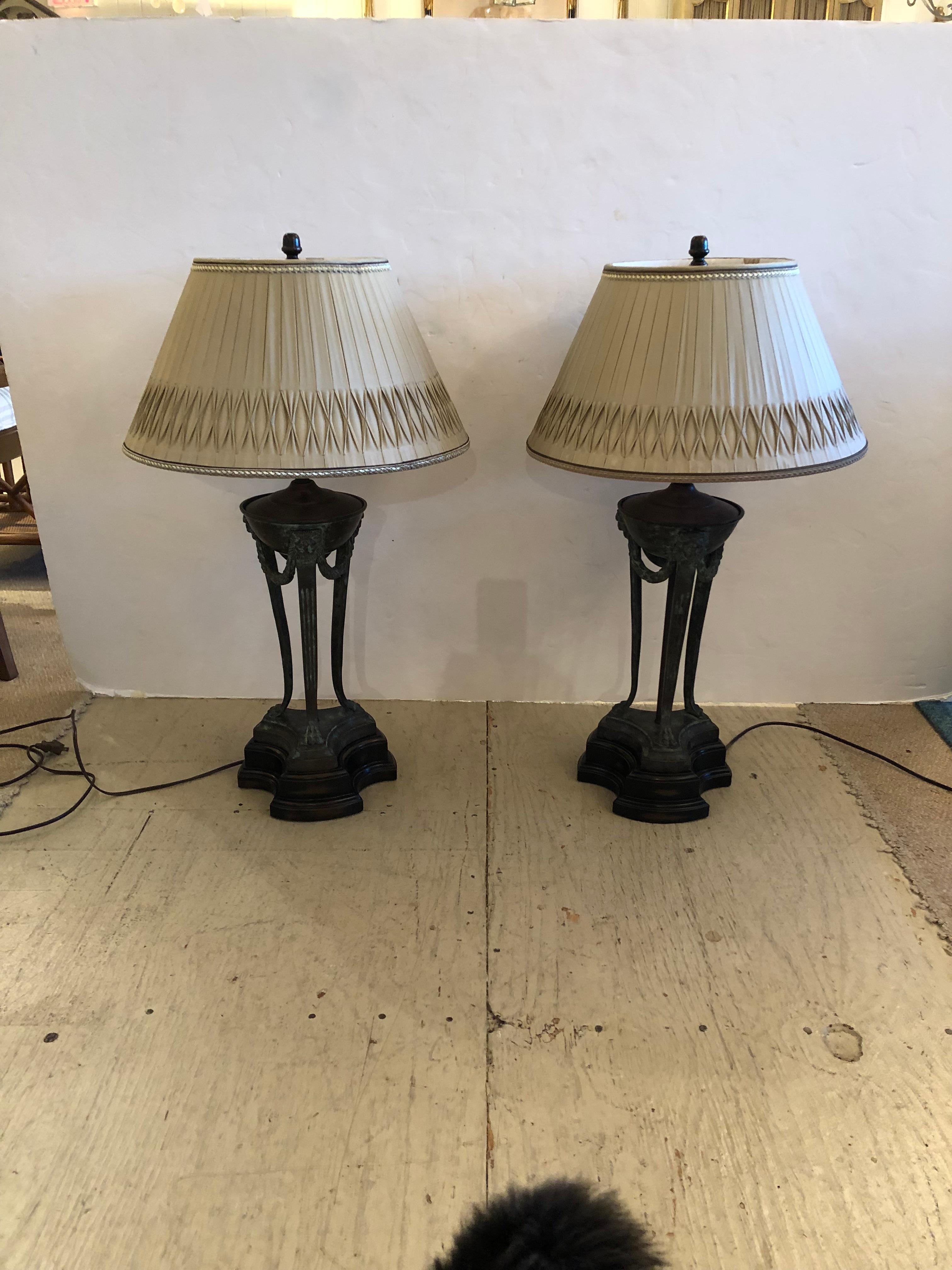 Regal Pair of Neoclassical Bronze Table Lamps with Custom Shades 3