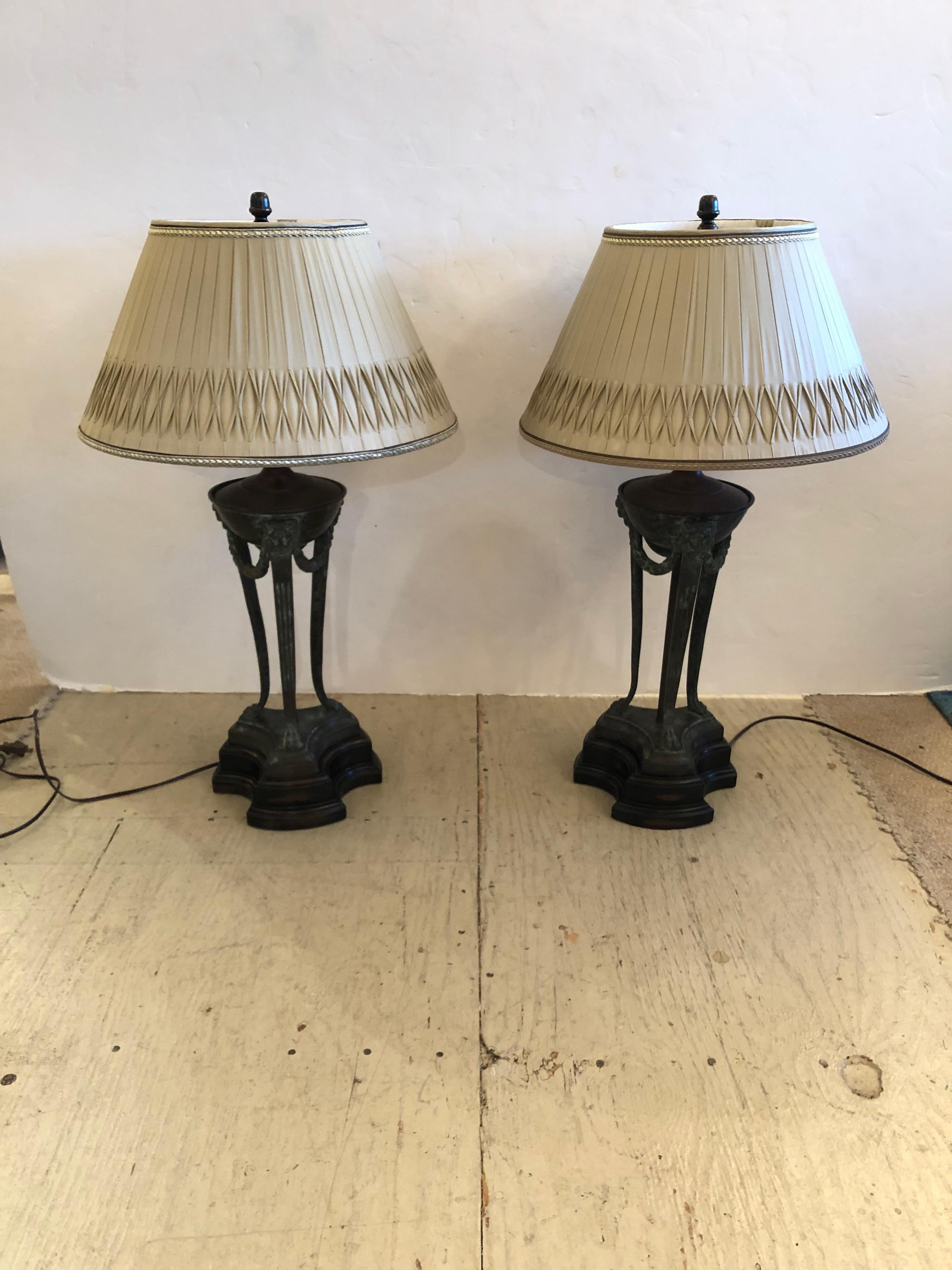 Regal Pair of Neoclassical Bronze Table Lamps with Custom Shades 4