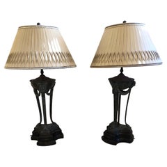 Regal Pair of Neoclassical Bronze Table Lamps with Custom Shades
