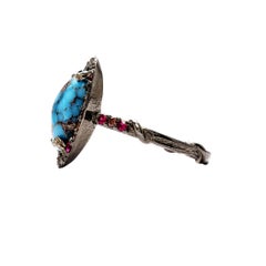 Regal Persian Turquoise Ring with Halo of Reddish Brown Diamonds and Rubies