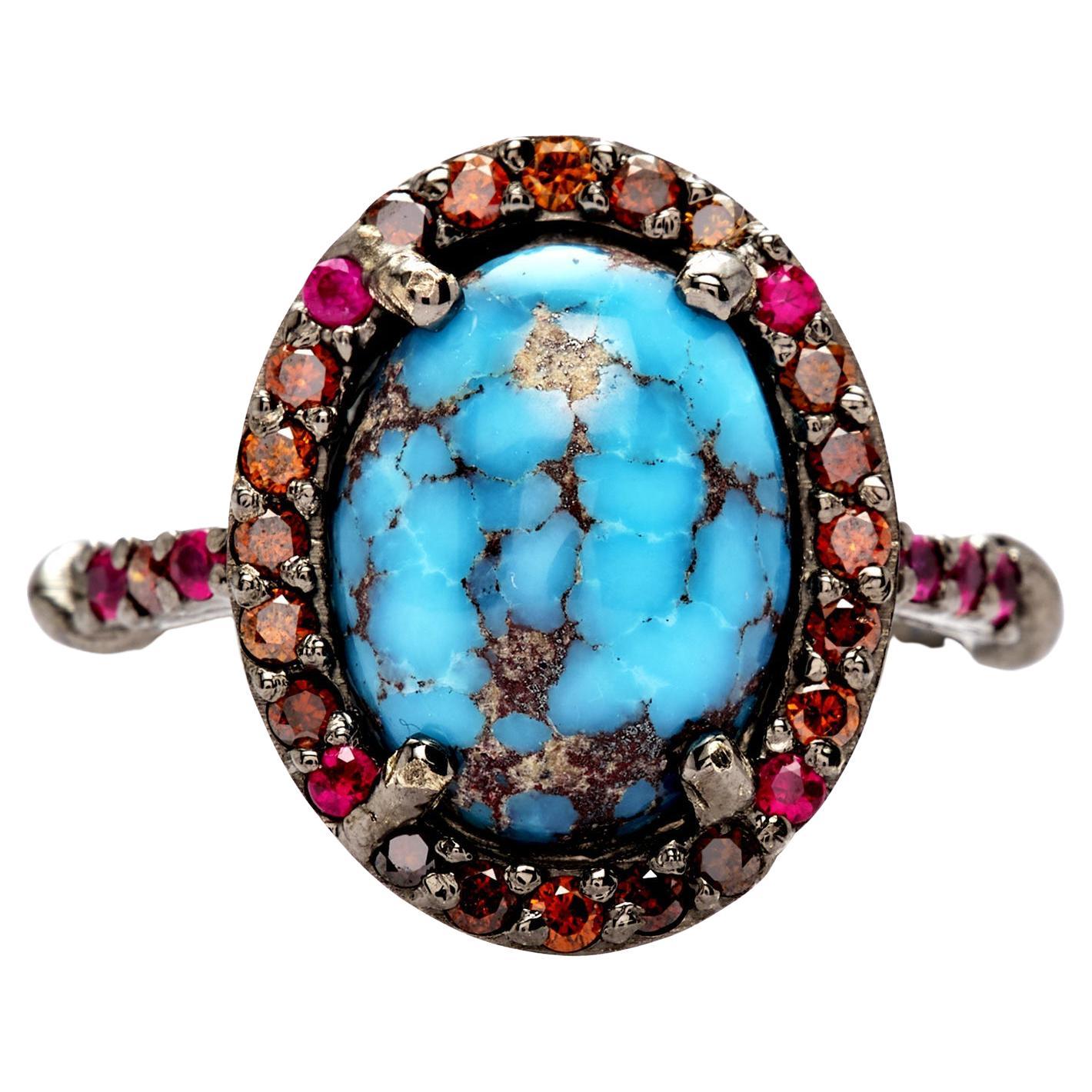 Regal Persian Turquoise Ring with Halo of Reddish Brown Diamonds and Rubies For Sale