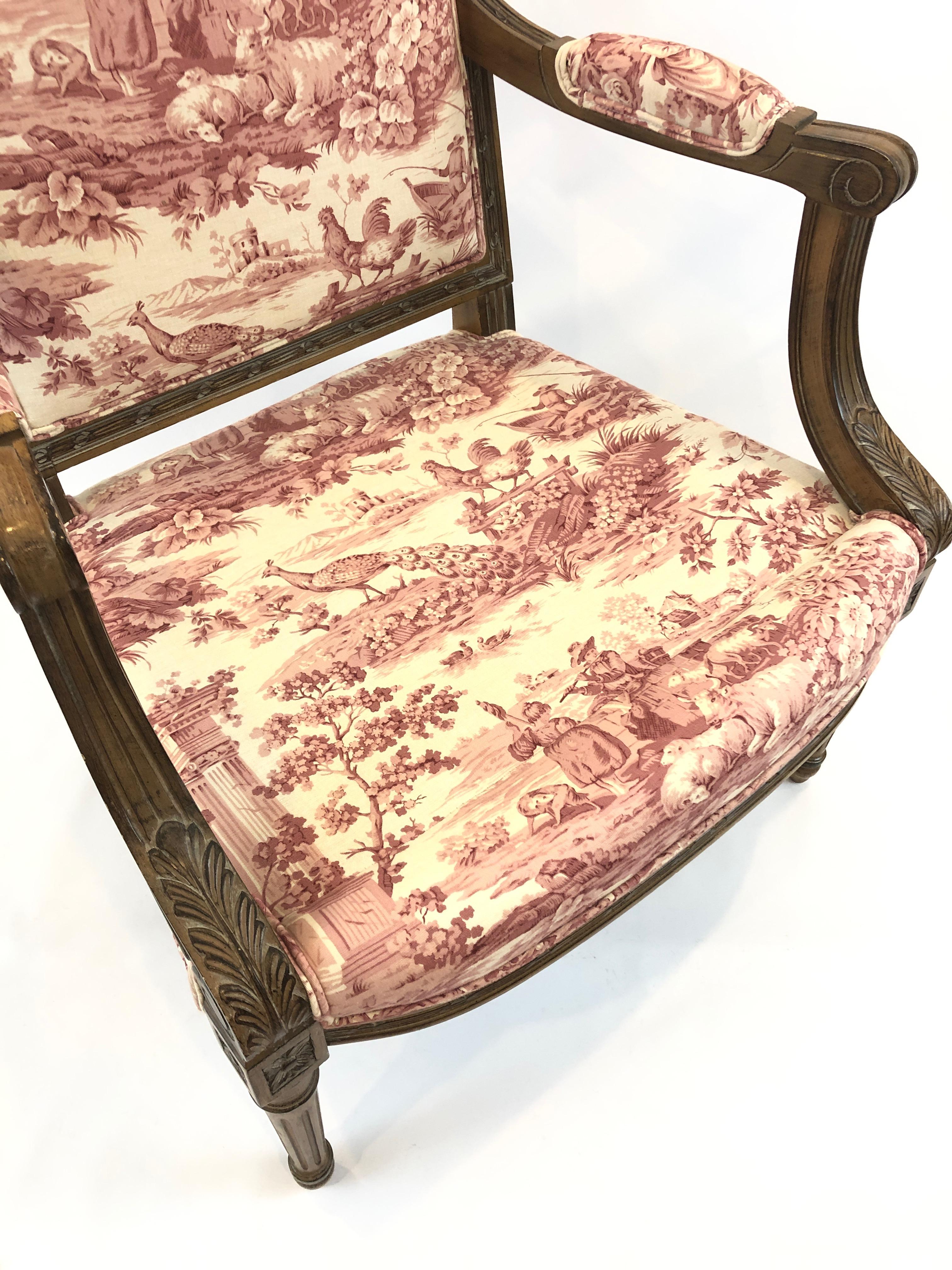 Late 20th Century Regal Provencal Carved Fruitwood and Toile Upholstered Armchair