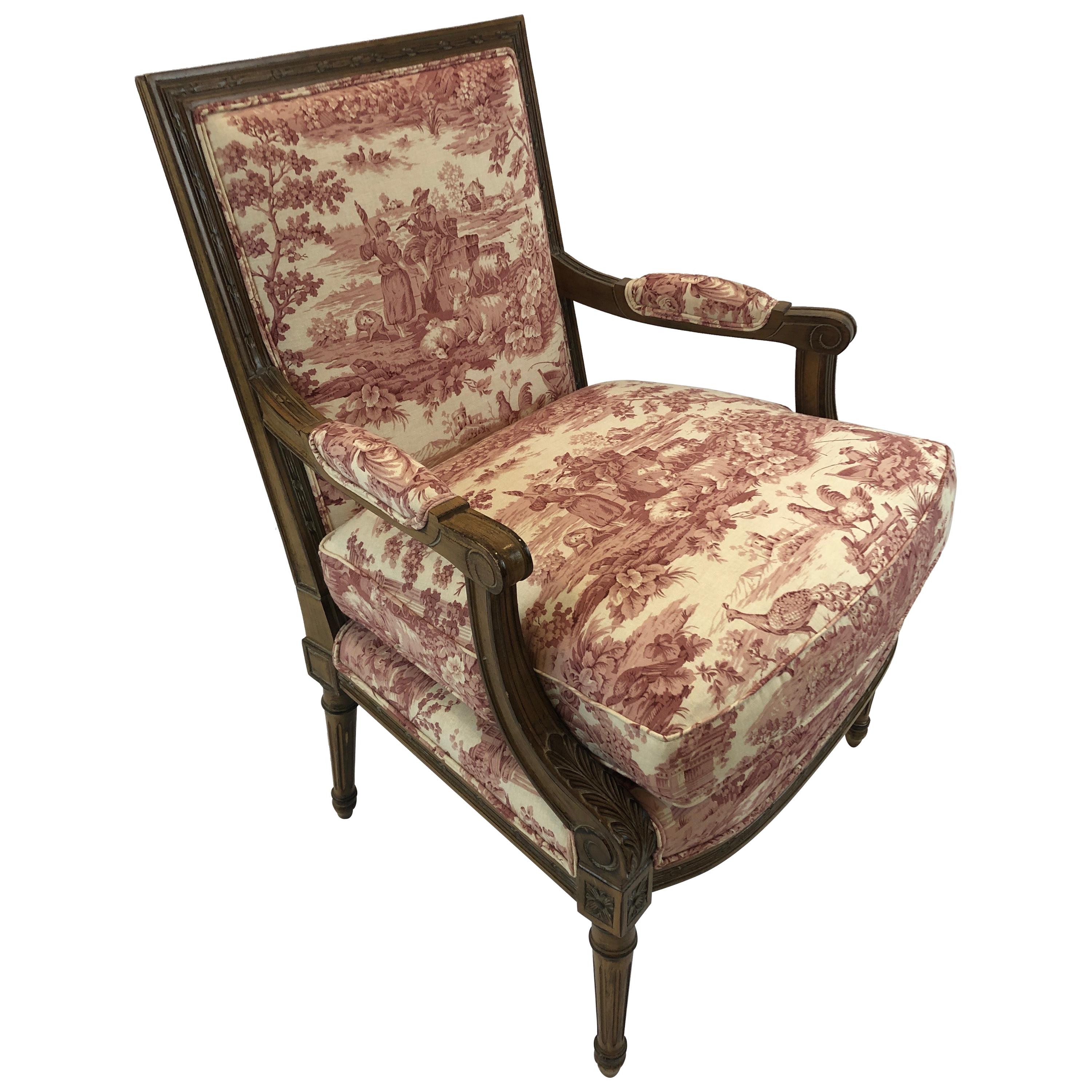 Regal Provencal Carved Fruitwood and Toile Upholstered Armchair