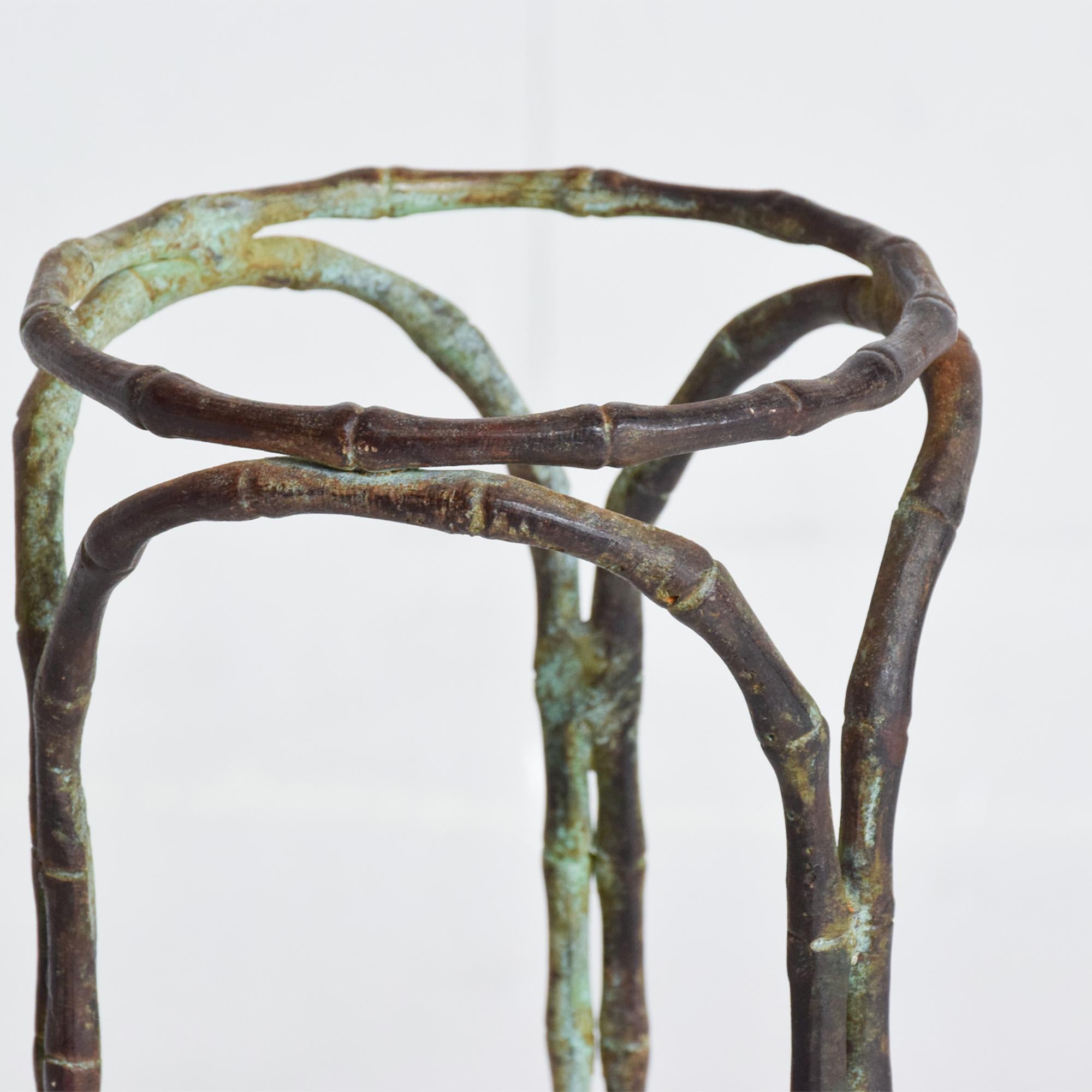 Hollywood Regency elegant faux bamboo pedestal vase stand (garden planter element) in Bronze embodies rich verdigris patina.
Unmarked, no markings from the maker.
In the style of Giacometti from France circa 1960s.
See dealer for additional